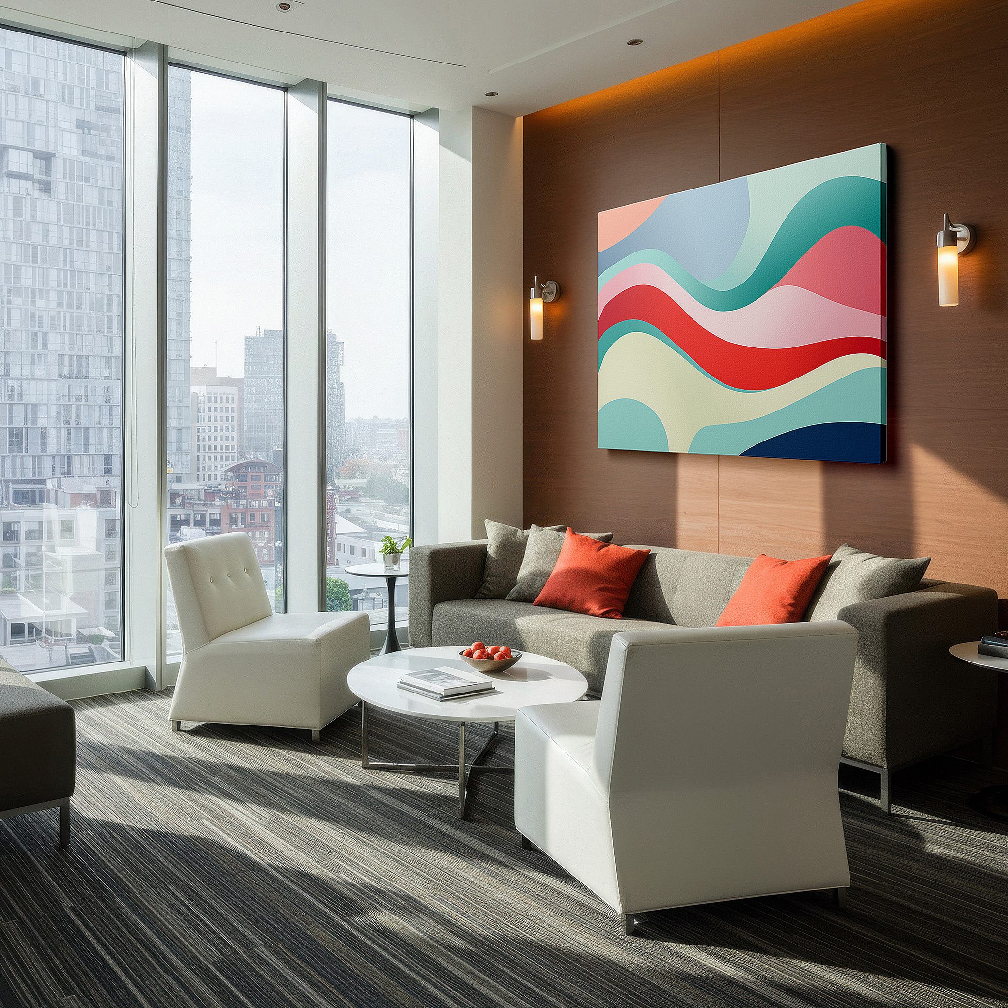 Bathed in morning sunlight streaming through sheer curtains — pastel-toned serene waves for modern decor: oversized canvas wall art for offices, bedrooms, and living rooms