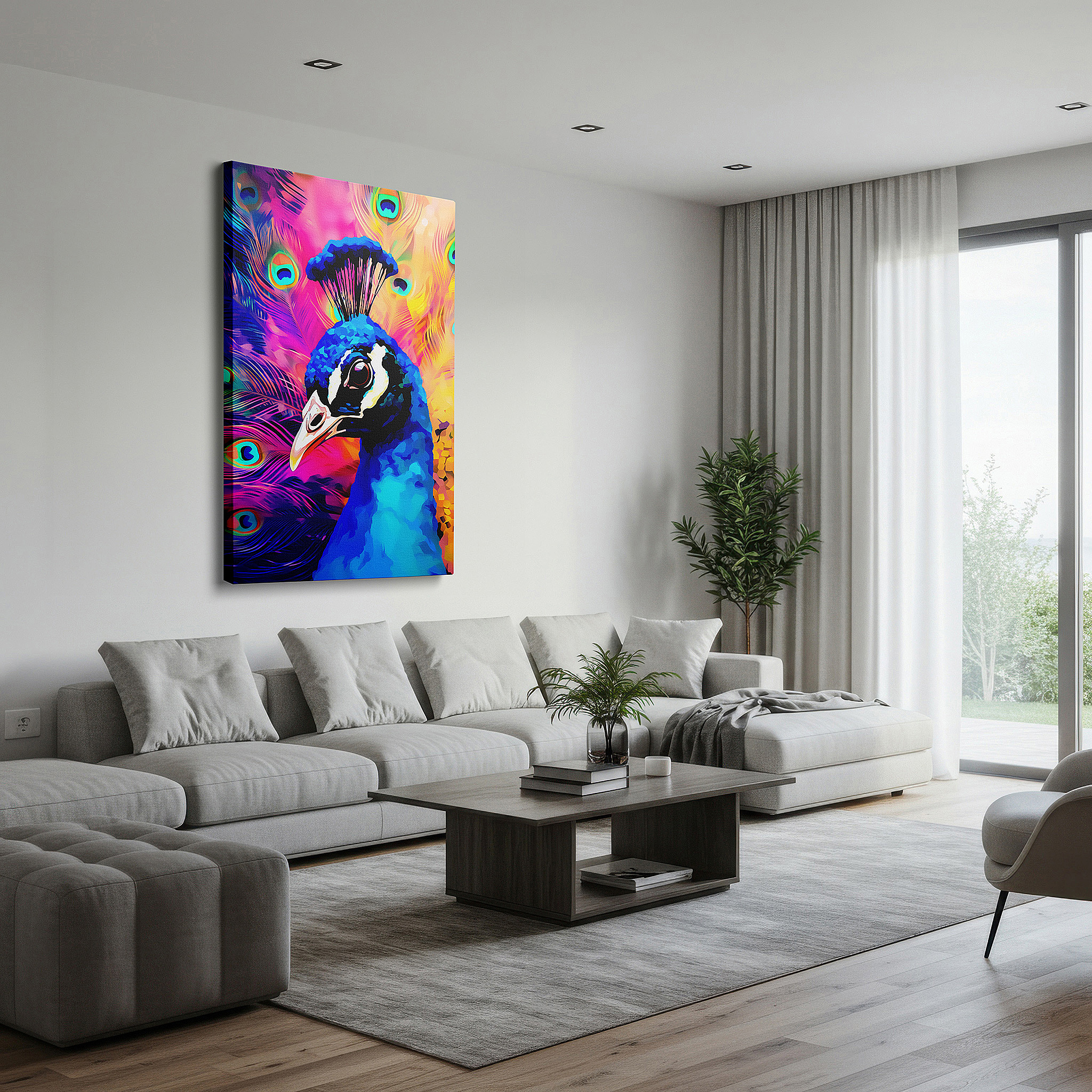 Bathed in morning sunlight streaming through sheer curtains — peacock's serene pride: vibrant large canvas wall art for office, bedroom, and living room decor