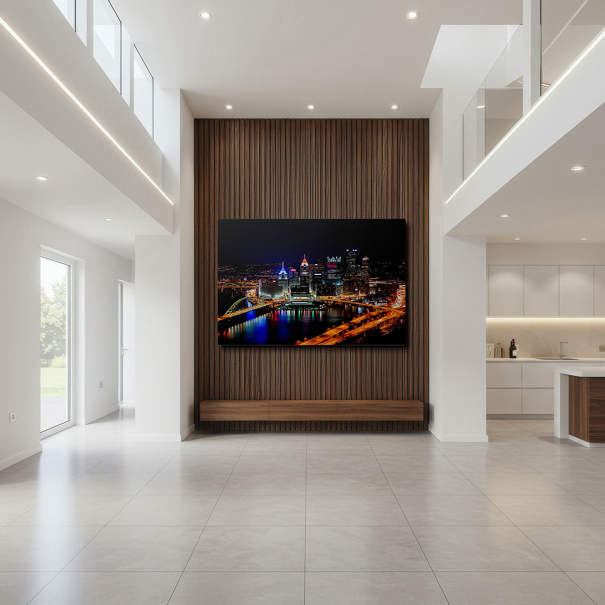 Bathed in morning sunlight streaming through sheer curtains — pittsburgh's nighttime beauty: a wide-angle display of glowing skyscrapers and bright bridges - large wall art, canvas wall art, wall decor for office