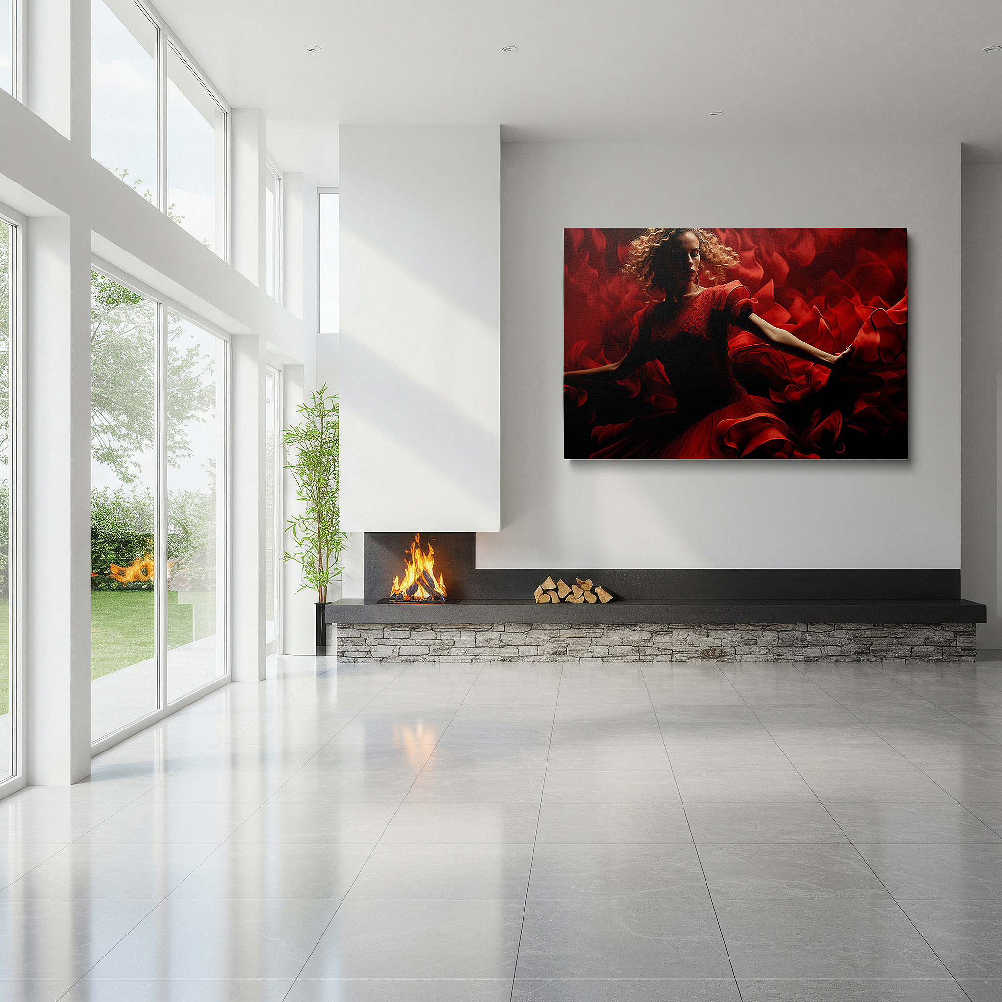 Bathed in morning sunlight streaming through sheer curtains — red passionate dance - a visual symphony of movement and emotion: large wall art, canvas wall art, wall decor for office and bedroom