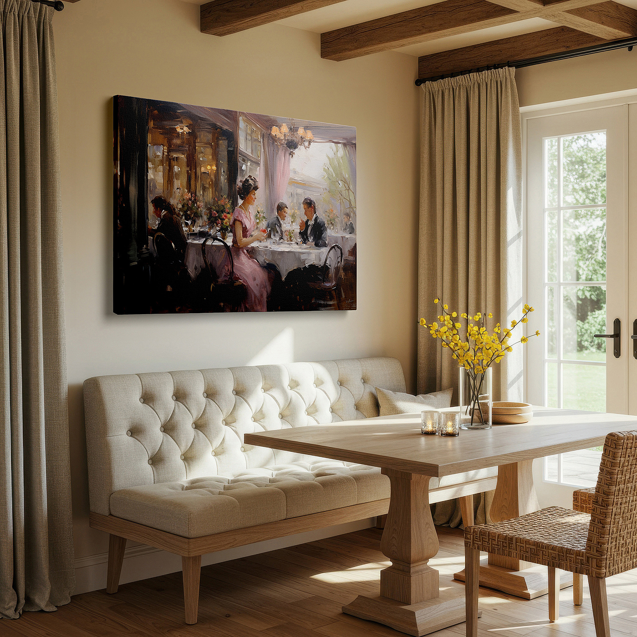 Bathed in morning sunlight streaming through sheer curtains — refined dining atmosphere illustrated in lively restaurant setting with detailed artistry and cozy ambiance - large wall art, canvas wall art