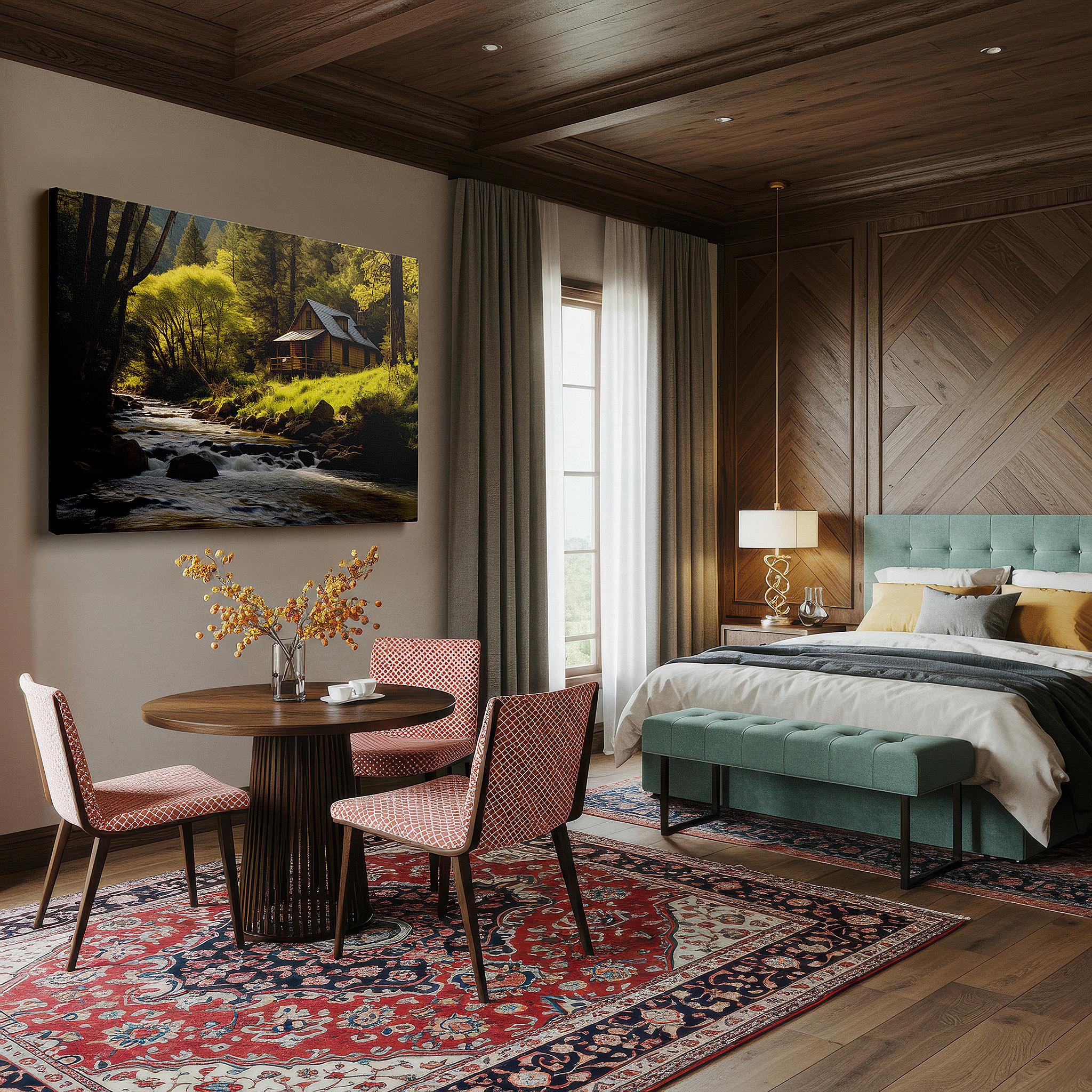 Bathed in morning sunlight streaming through sheer curtains — rustic cabin retreat by a sparkling river surrounded by lush spring greenery large wall art, canvas wall art, wall decor for office