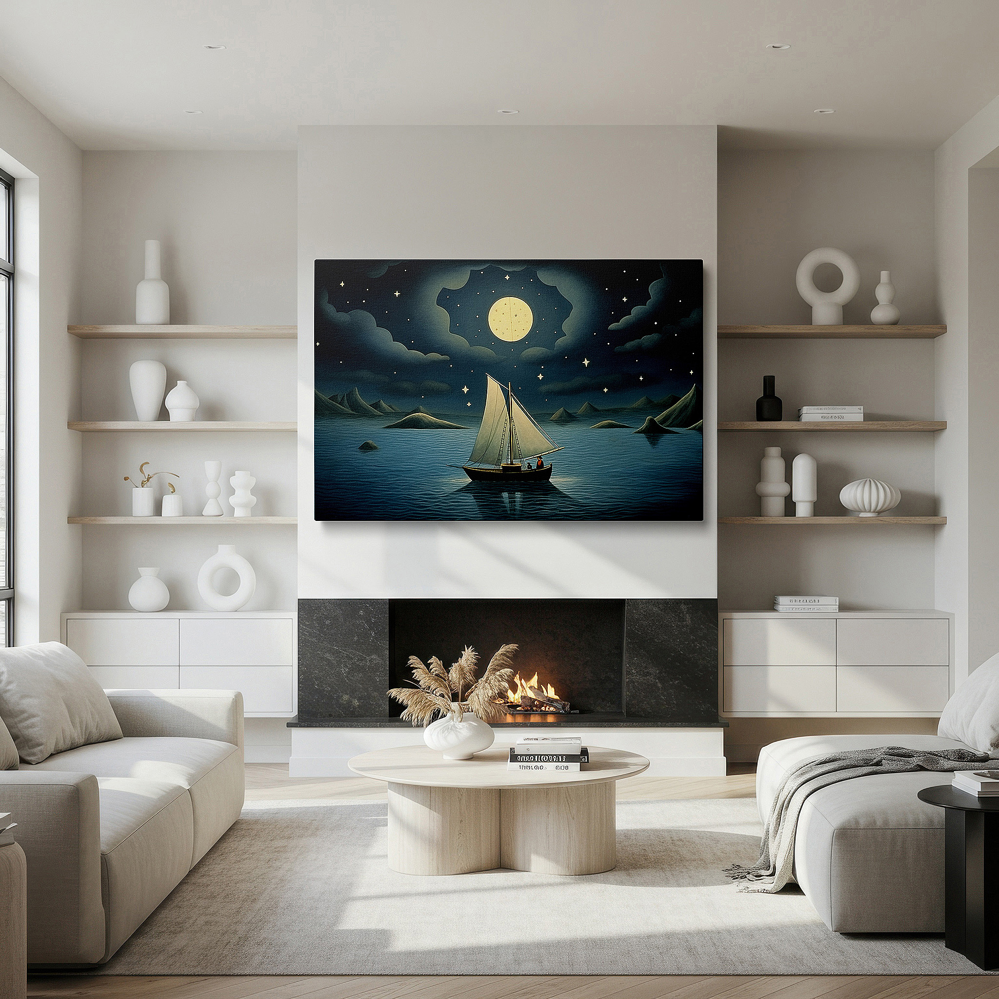 Bathed in morning sunlight streaming through sheer curtains — sailboat under starlit skies wall art - tranquil journey across calm waters, large canvas wall decor for office and bedroom