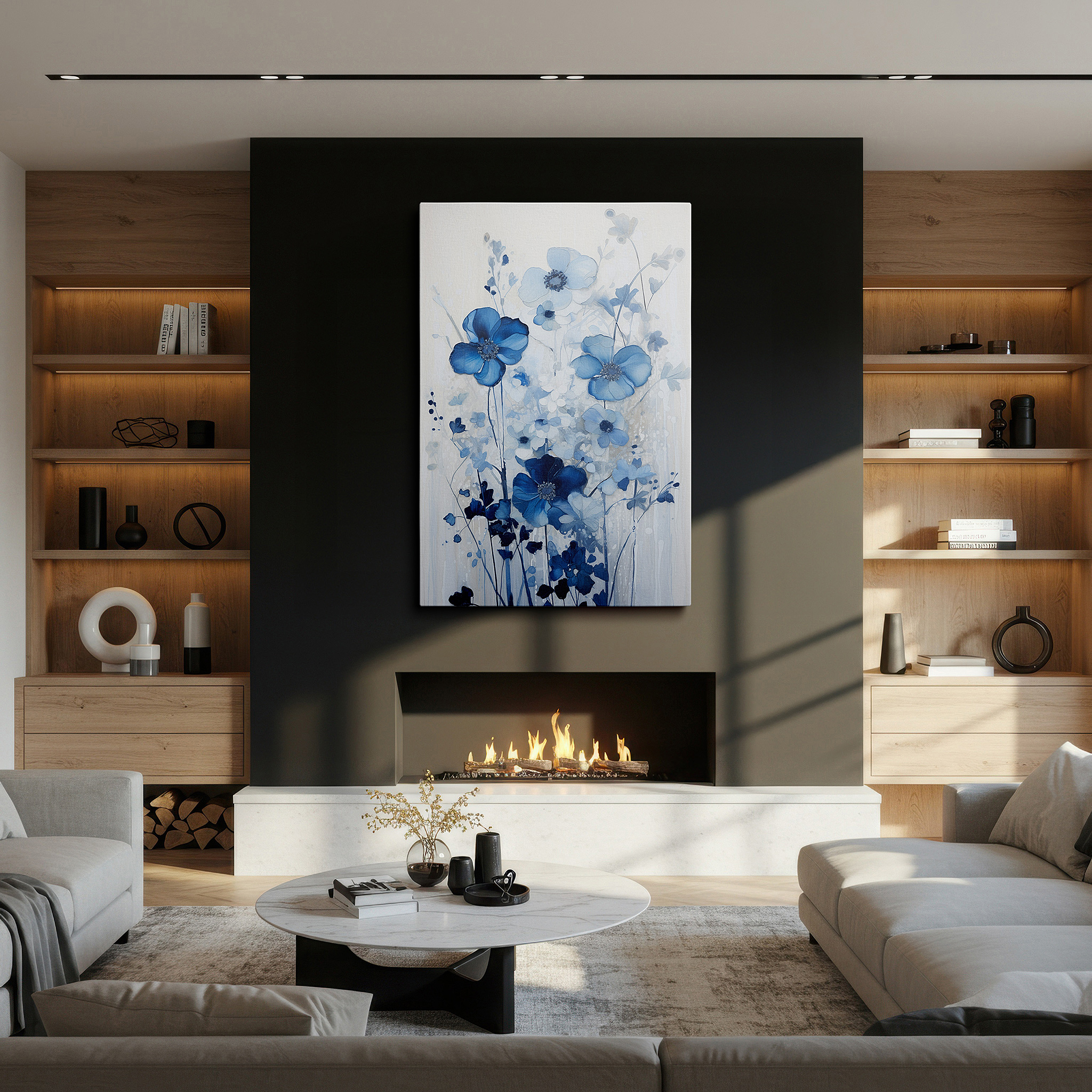 Bathed in morning sunlight streaming through sheer curtains — serene blue floral elegance: large canvas wall art featuring nature's subtle beauty for office, bedroom, and living room decor