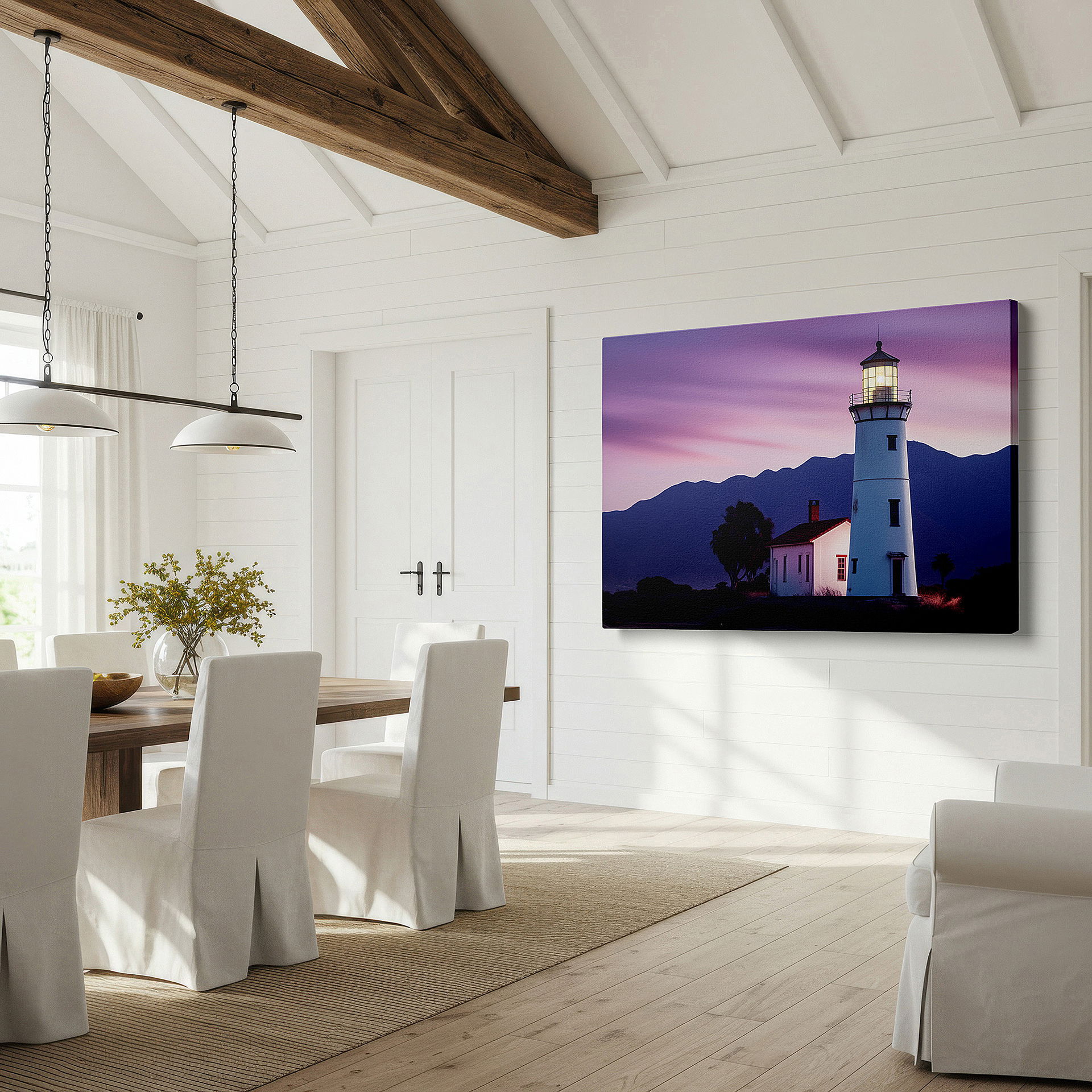 Bathed in morning sunlight streaming through sheer curtains — serene coastal lighthouse at dusk - majestic cliffs and sunset colors large wall art, canvas wall decor, office wall art