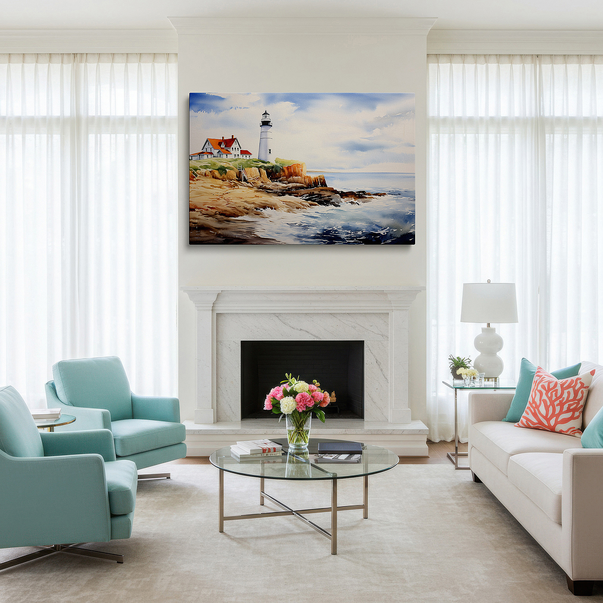Bathed in morning sunlight streaming through sheer curtains — serene coastal lighthouse scene wall art: large canvas featuring soft pastels and an ethereal sky, perfect for office or bedroom decor.