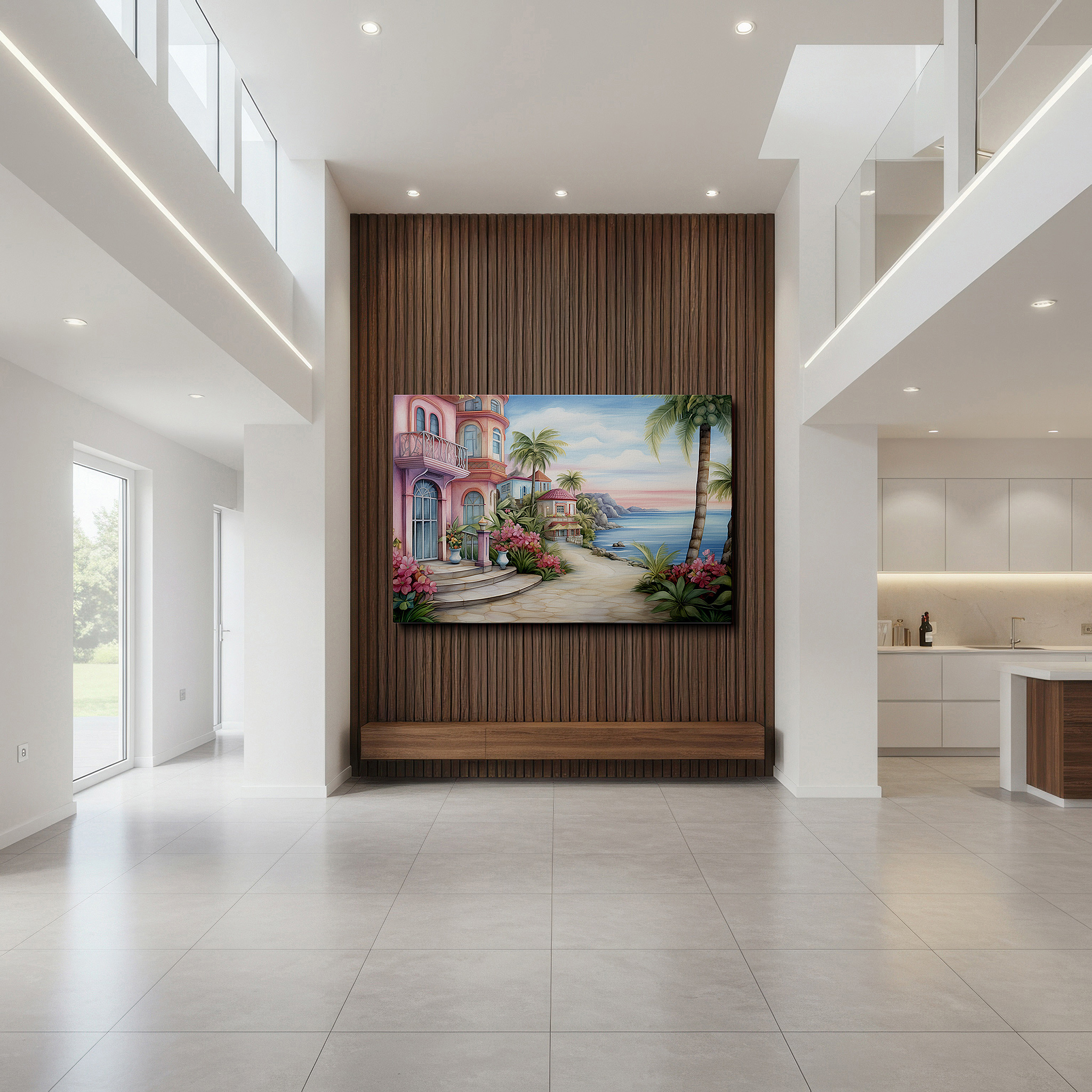 Bathed in morning sunlight streaming through sheer curtains — serene coastal pathway canvas art featuring lush tropical greenery and charming island homes - perfect for office or bedroom wall decor