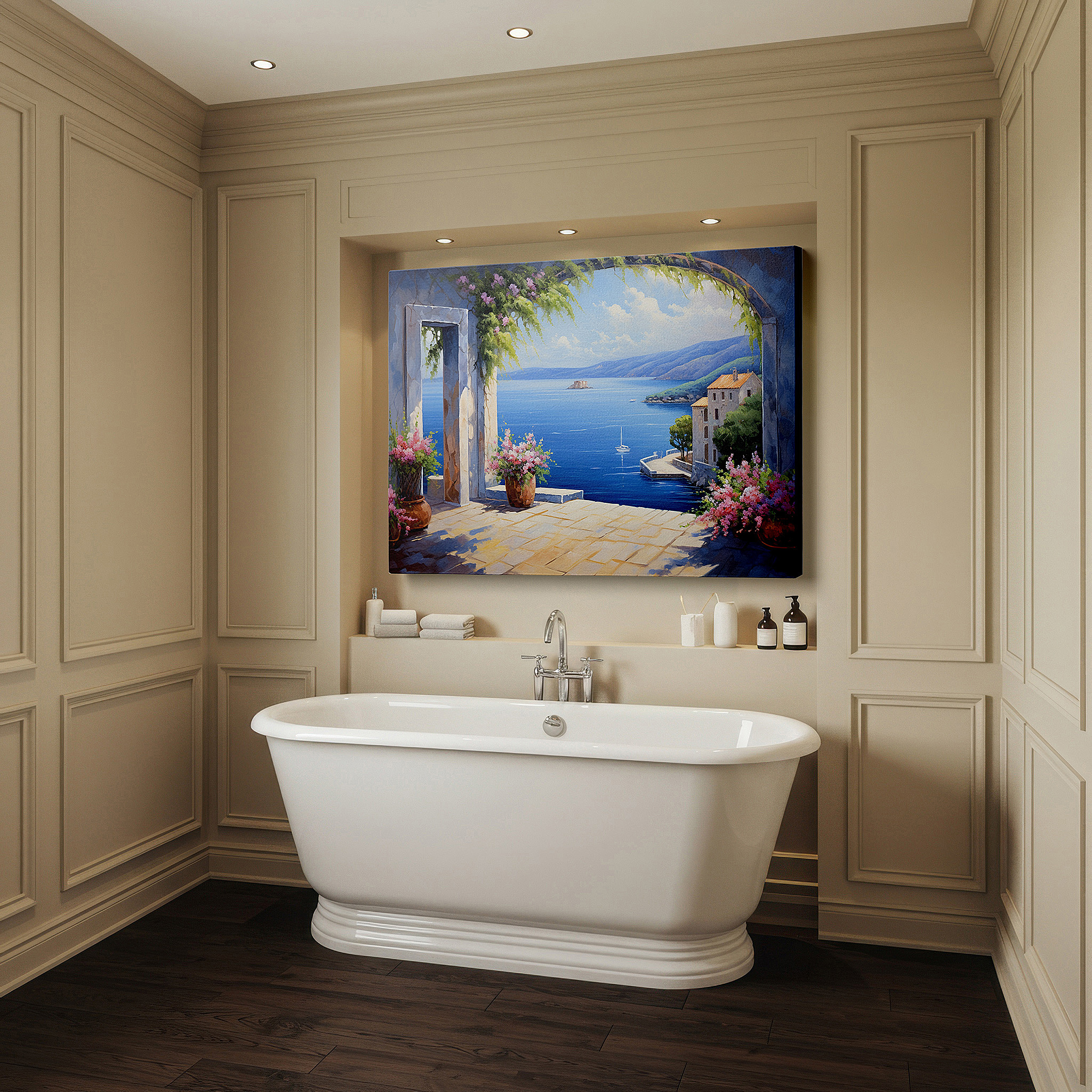 Bathed in morning sunlight streaming through sheer curtains — a serene coastal retreat canvas framed by a graceful arch large wall art, canvas wall decor for offices, bedrooms, and living rooms