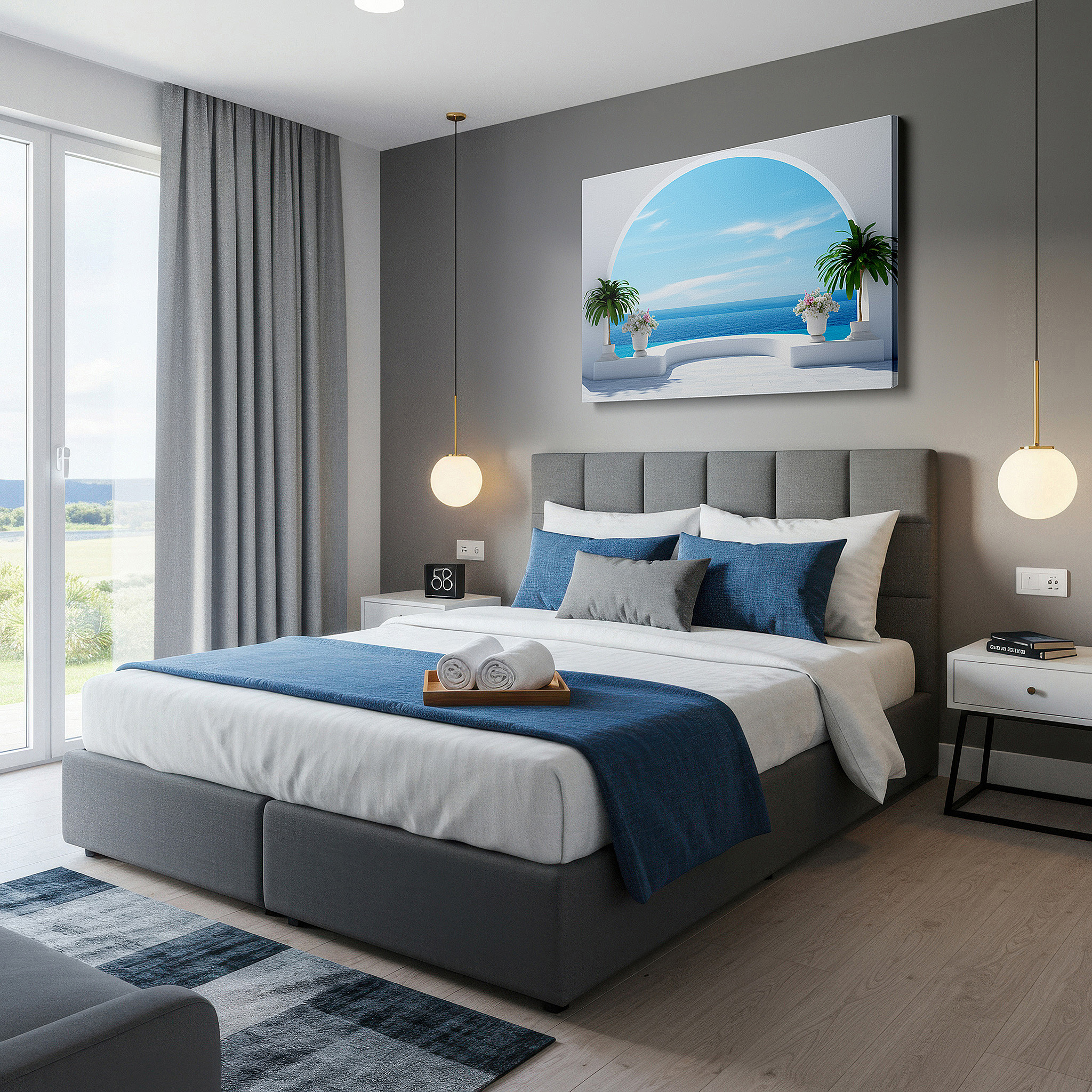 Bathed in morning sunlight streaming through sheer curtains — serene coastal scene through a minimalist archway, tranquil escape large wall art, canvas wall decor for office and bedroom
