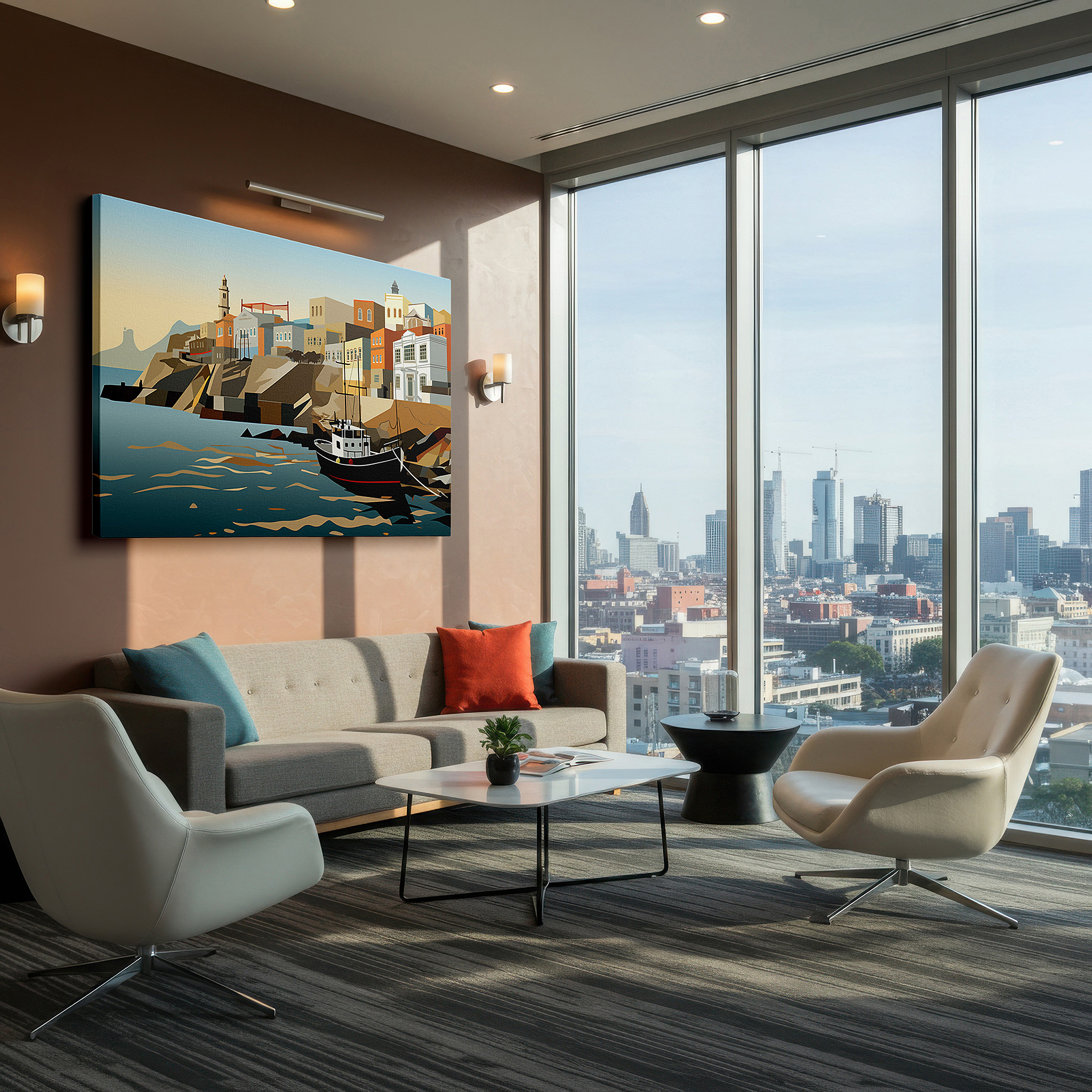 Bathed in morning sunlight streaming through sheer curtains — serene harbor scene with classic boat and vibrant waterfront buildings - large canvas wall art for home and office decor