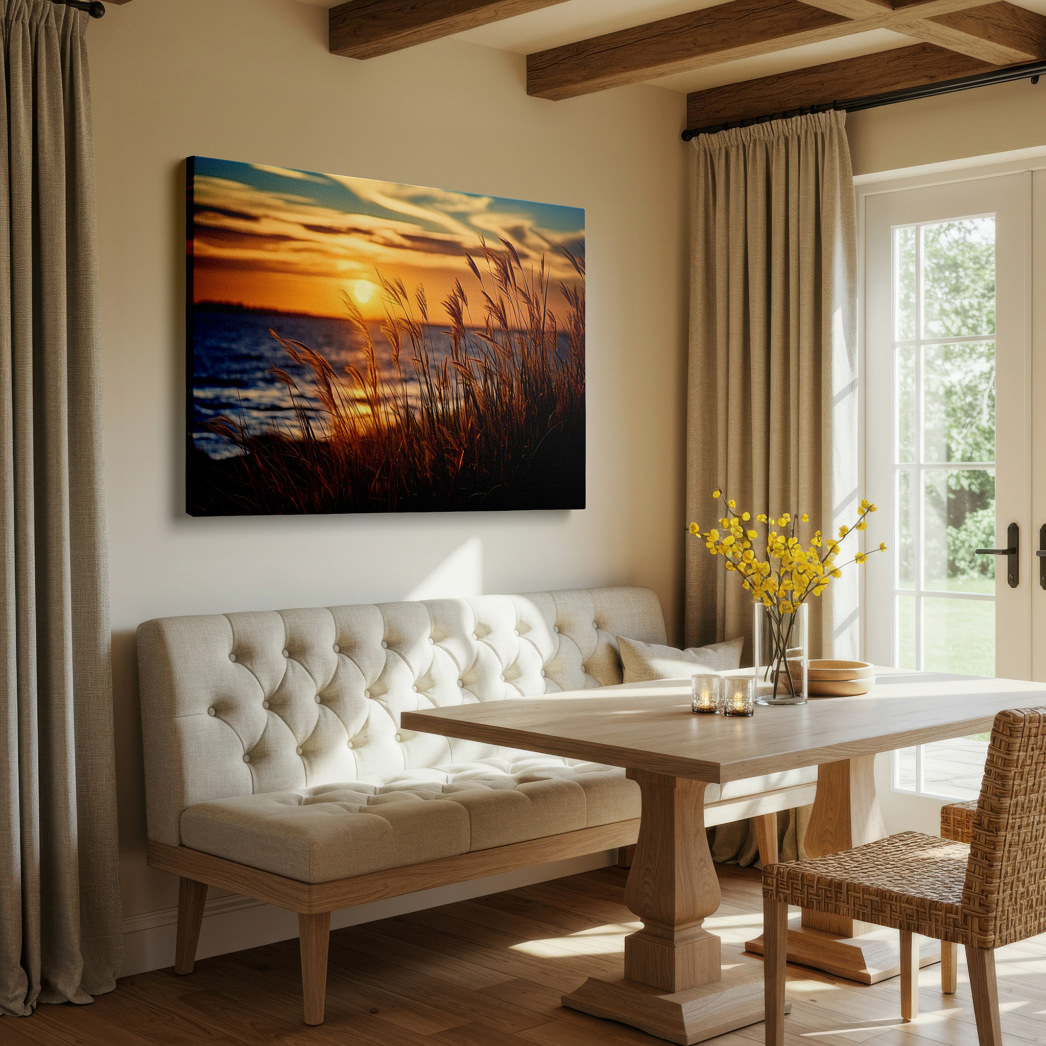 Bathed in morning sunlight streaming through sheer curtains — serene meadow at sunset: large canvas wall art featuring golden grass and reflective waters for office, bedroom, and living room decor