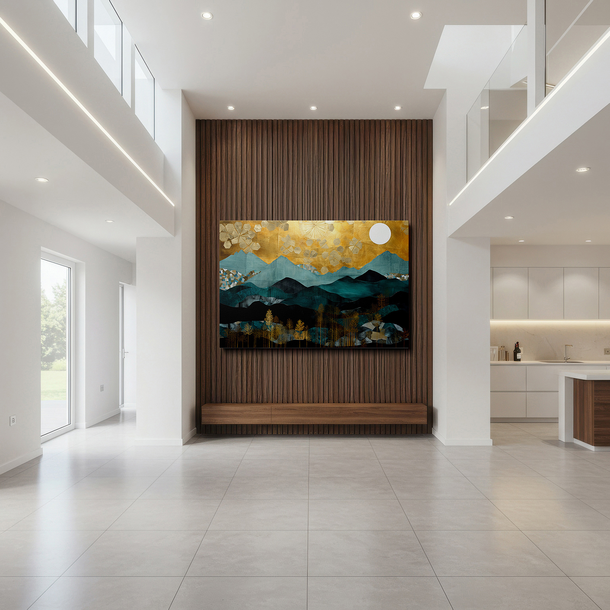 Bathed in morning sunlight streaming through sheer curtains — serene mountains and ethereal skies with subtle gold accents large wall art, canvas wall art, wall art decor, office wall art, bedroom wall art, living room wall art