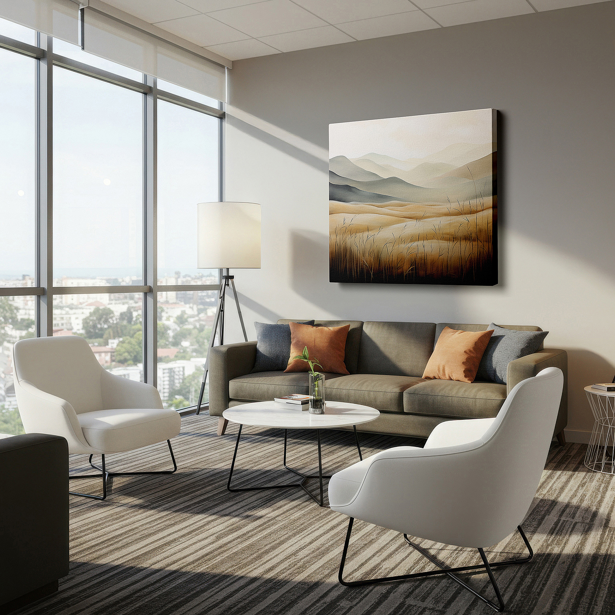 Bathed in morning sunlight streaming through sheer curtains — serene rolling hills landscape with gentle sky - large canvas wall art for office, bedroom, and living room decor
