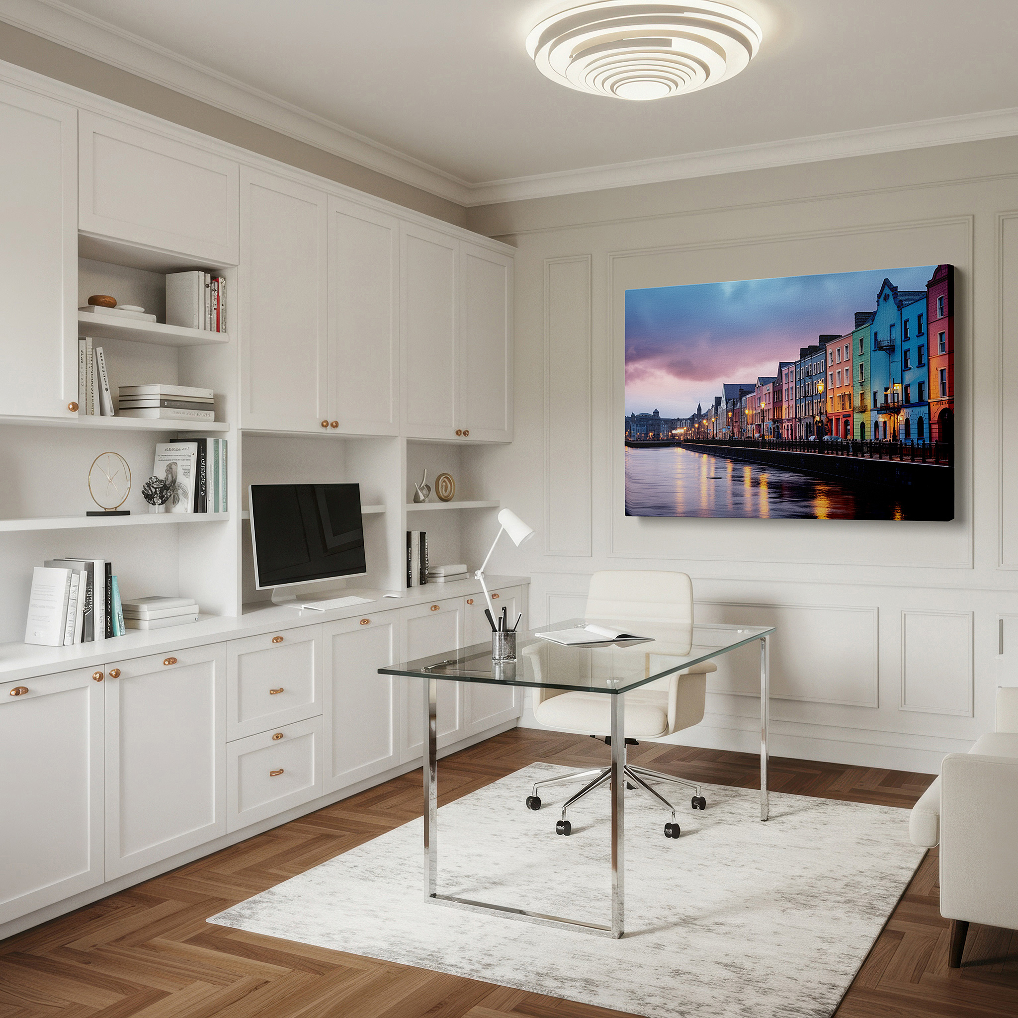 Bathed in morning sunlight streaming through sheer curtains — starlit sky over historic harbor: tranquil waters meet vibrant city life in serene nighttime large wall art, canvas wall art, wall decor