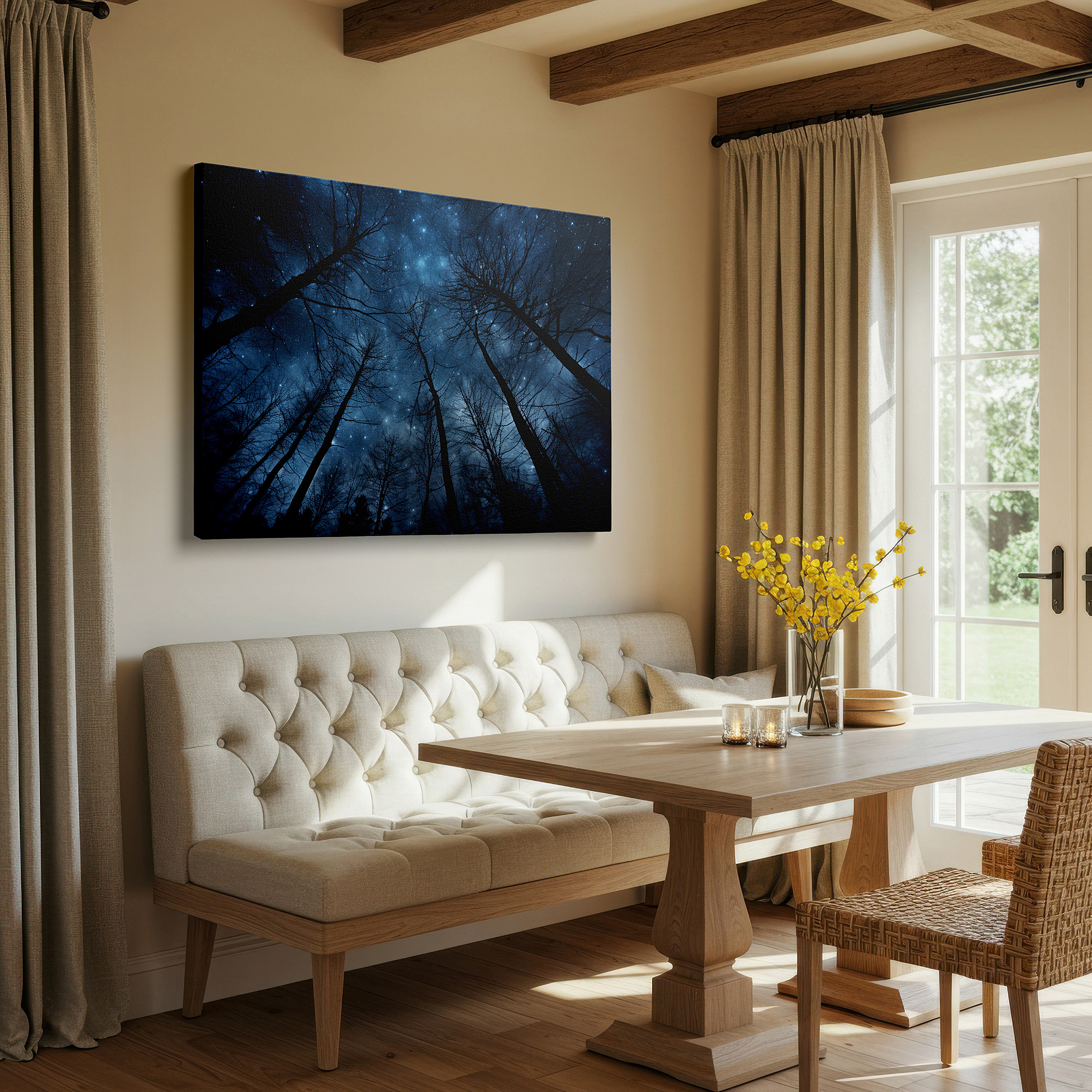 Bathed in morning sunlight streaming through sheer curtains — starlit sky and silhouetted trees: reflecting on the vastness of the universe and existential solitude - large wall art, canvas wall art, office wall decor