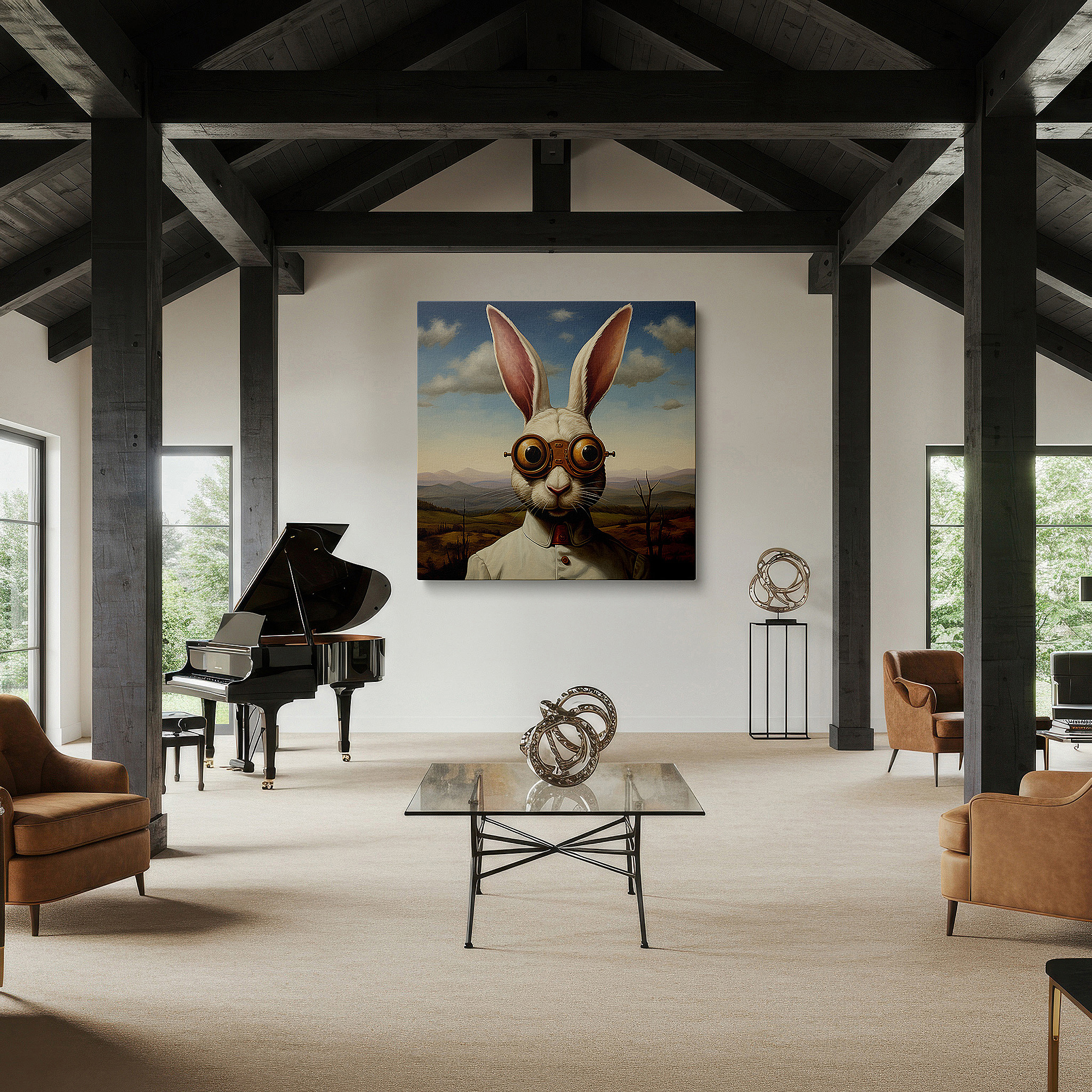 Bathed in morning sunlight streaming through sheer curtains — steampunk rabbit wall art: whimsical and mechanical twilight scene, large canvas art for home and office decor