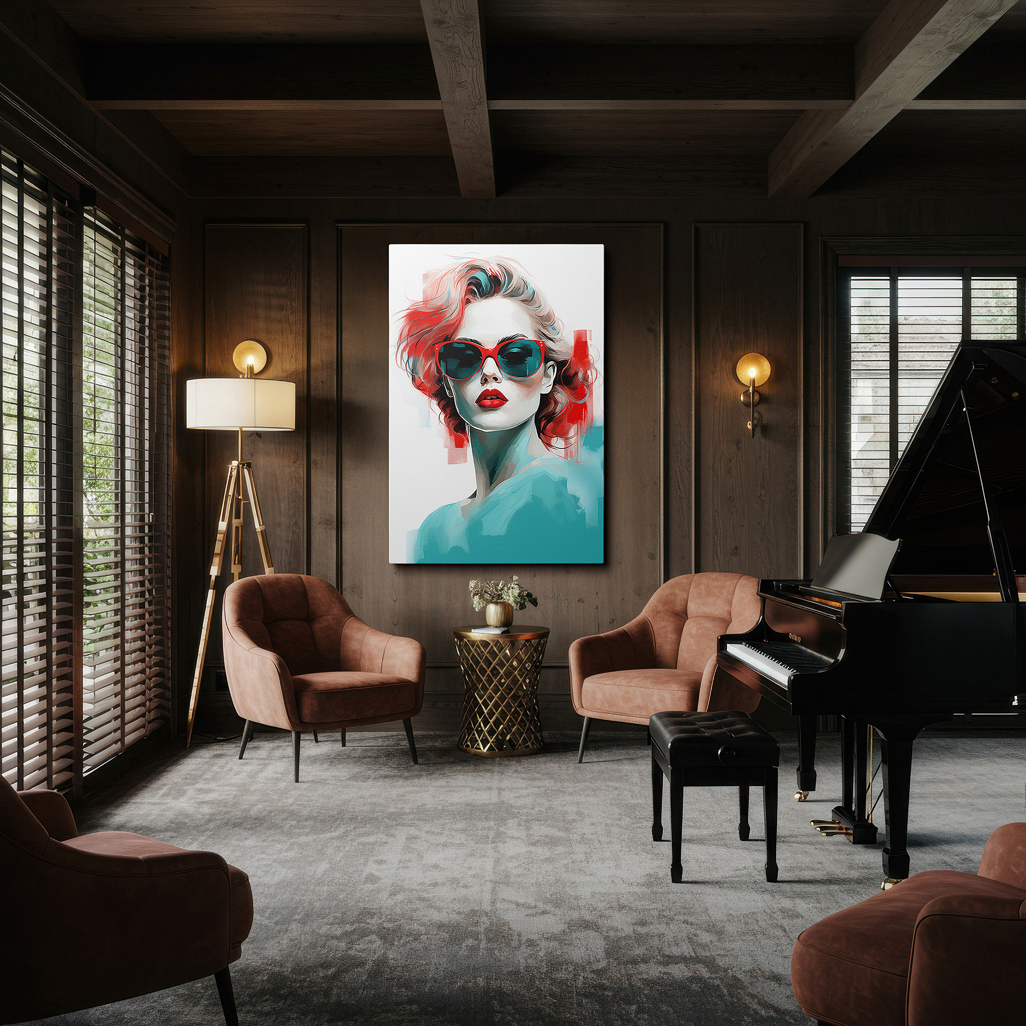 Bathed in morning sunlight streaming through sheer curtains — stunning wall art featuring a woman with turquoise sunglasses and bright red lips, ideal for office or bedroom decor