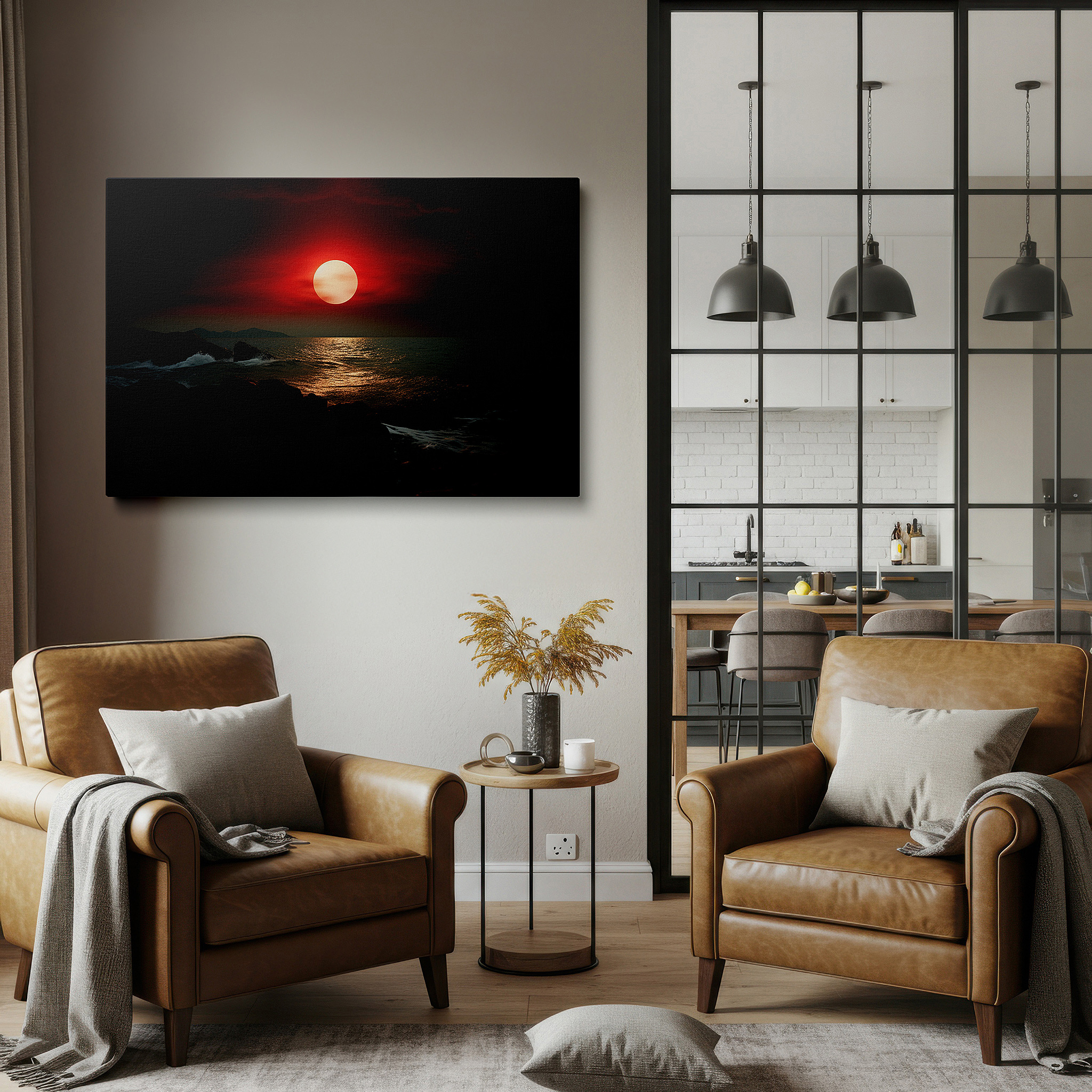 Bathed in morning sunlight streaming through sheer curtains — sunset ablaze: vivid reds reflecting on ocean waves against a dark coastline - large canvas wall art for home and office decor