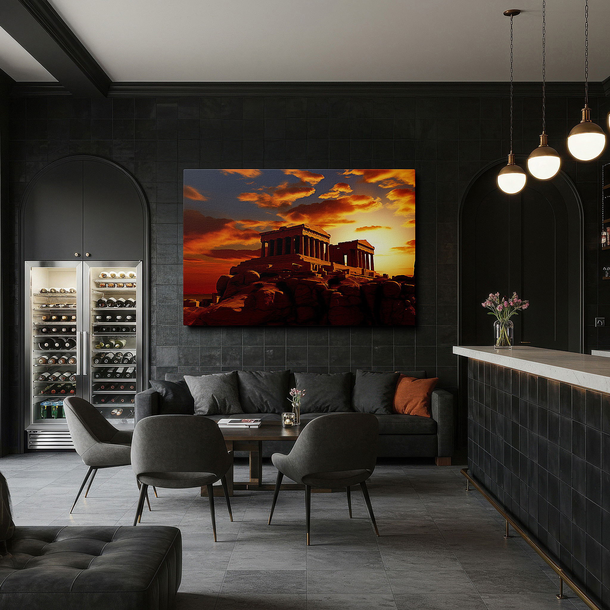 Bathed in morning sunlight streaming through sheer curtains — sunset glow over ancient greek temple, timeless nature-inspired large wall art for office and bedroom decor