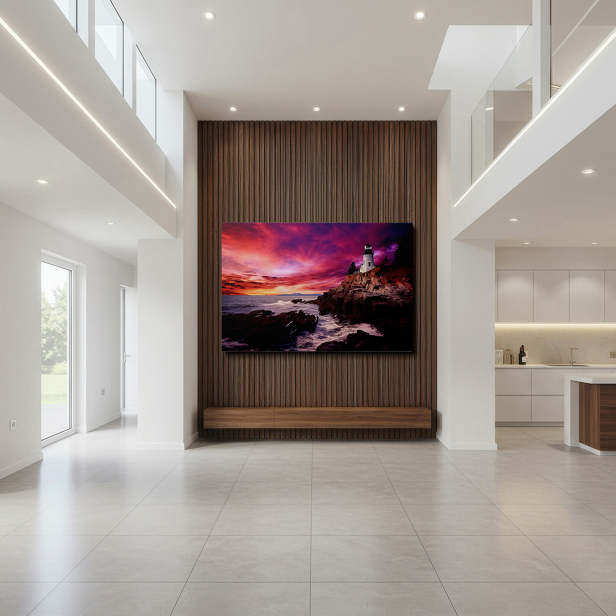 Bathed in morning sunlight streaming through sheer curtains — sunset lighthouse majesty - a symbol of hope and calm against fiery skies, large canvas wall art for home and office decor