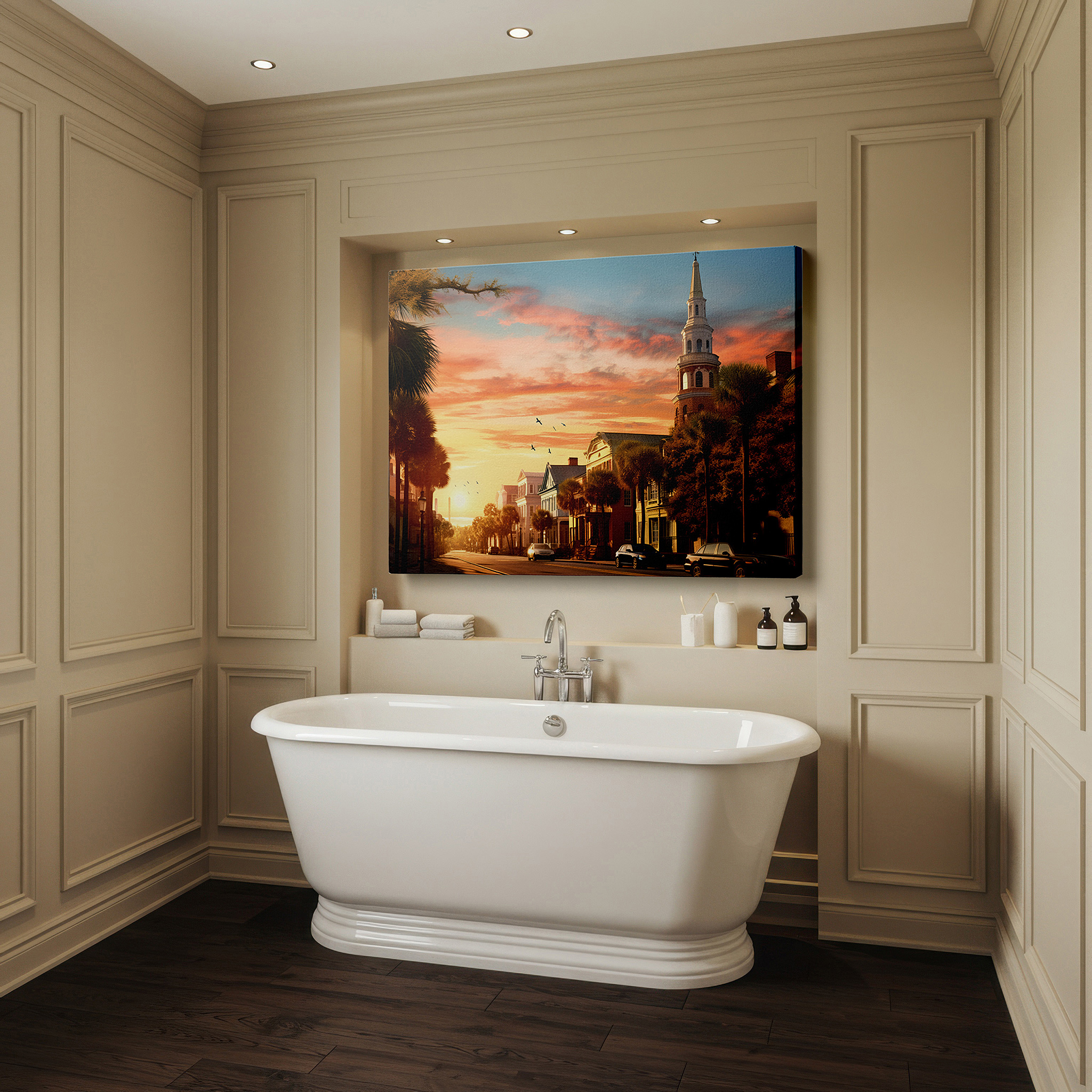 Bathed in morning sunlight streaming through sheer curtains — sunset serenade on a historic street: where classical architecture and nature's warm embrace meet - large wall art, canvas wall art, wall decor for office