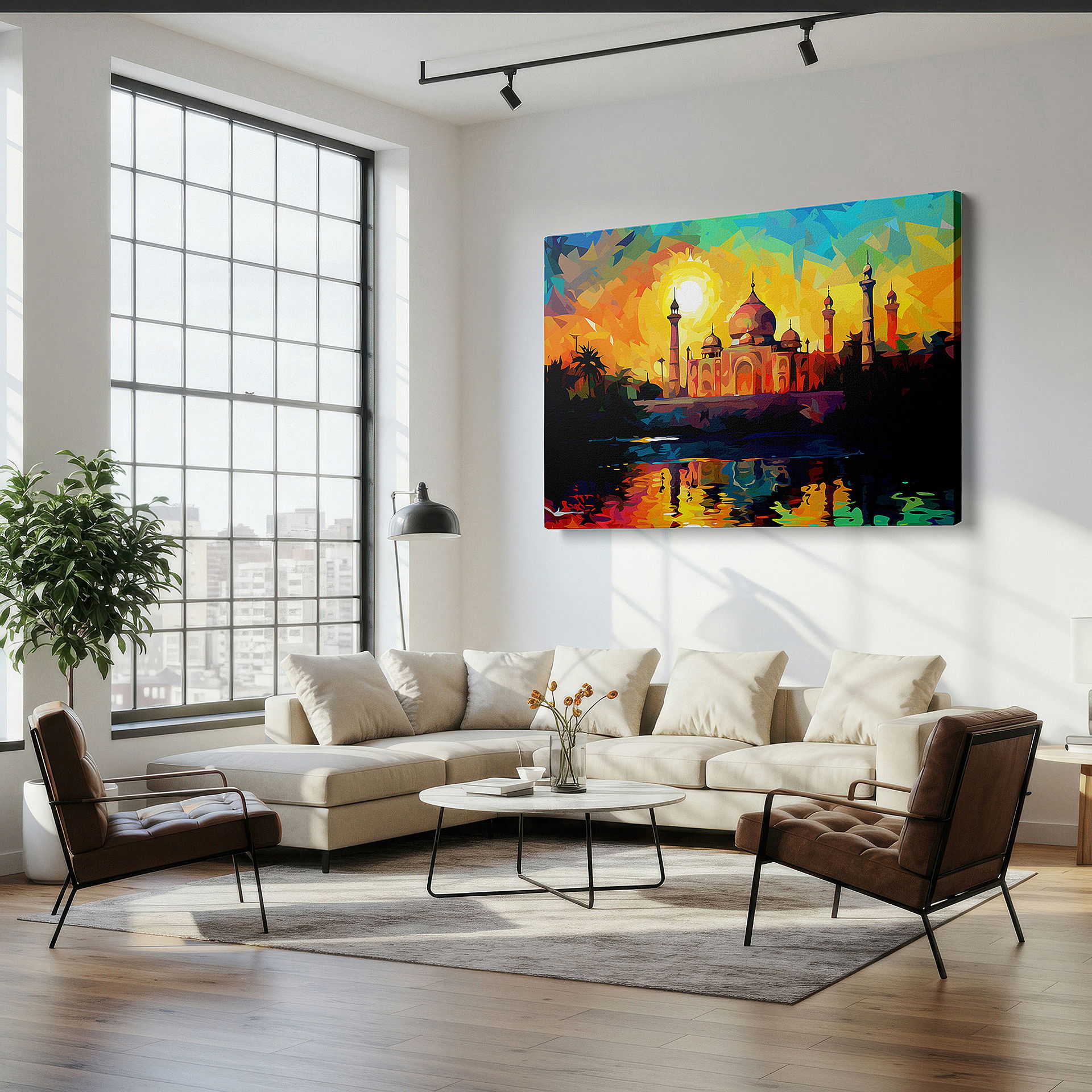 Bathed in morning sunlight streaming through sheer curtains — taj mahal radiant sun wall art - contemporary color and light
