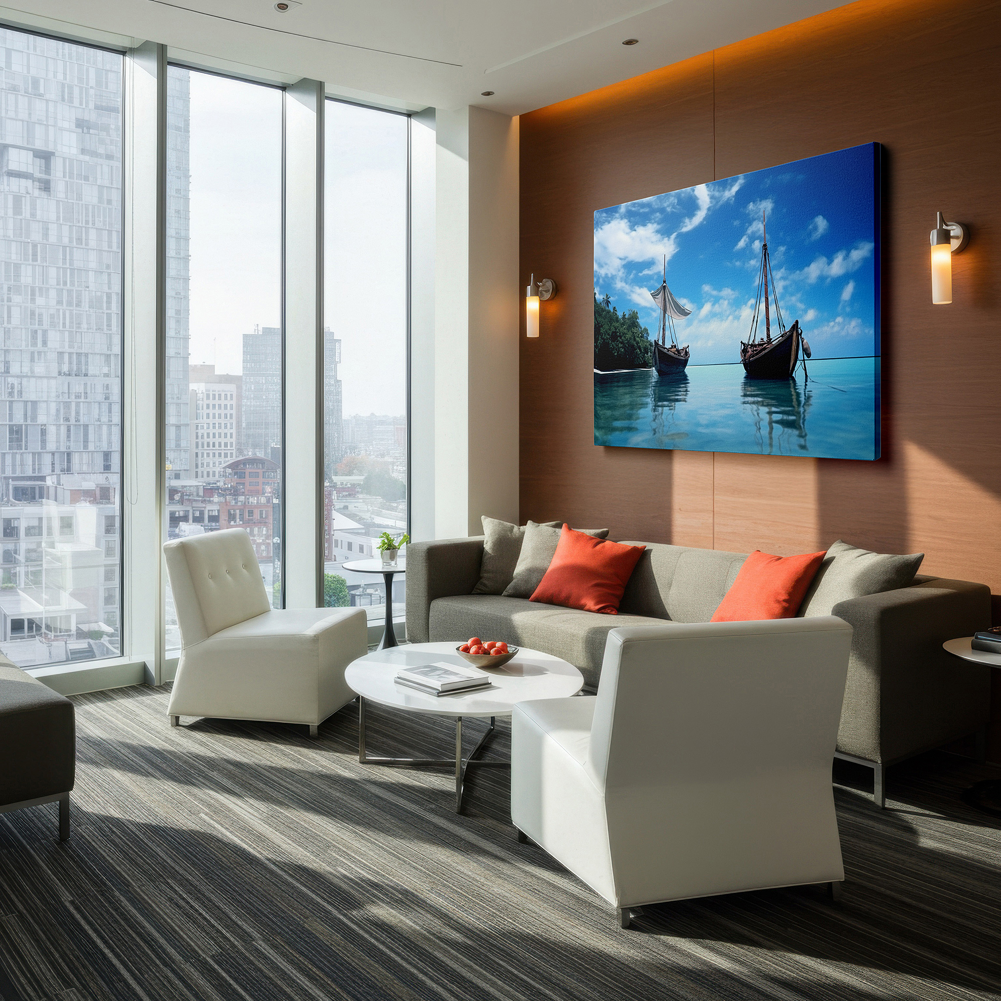 Bathed in morning sunlight streaming through sheer curtains — traditional boats on serene seascape: tranquil paradise large canvas wall art for office decor