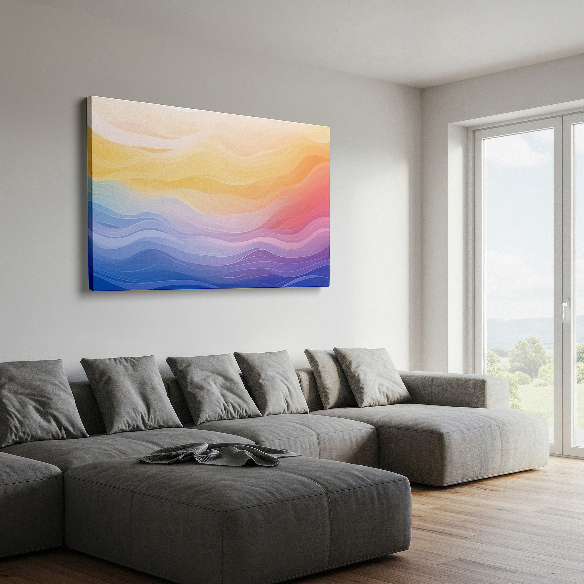 Bathed in morning sunlight streaming through sheer curtains — tranquil ocean waves and soft breezes in calm blues and peaceful greens, large canvas wall art for office and bedroom decor