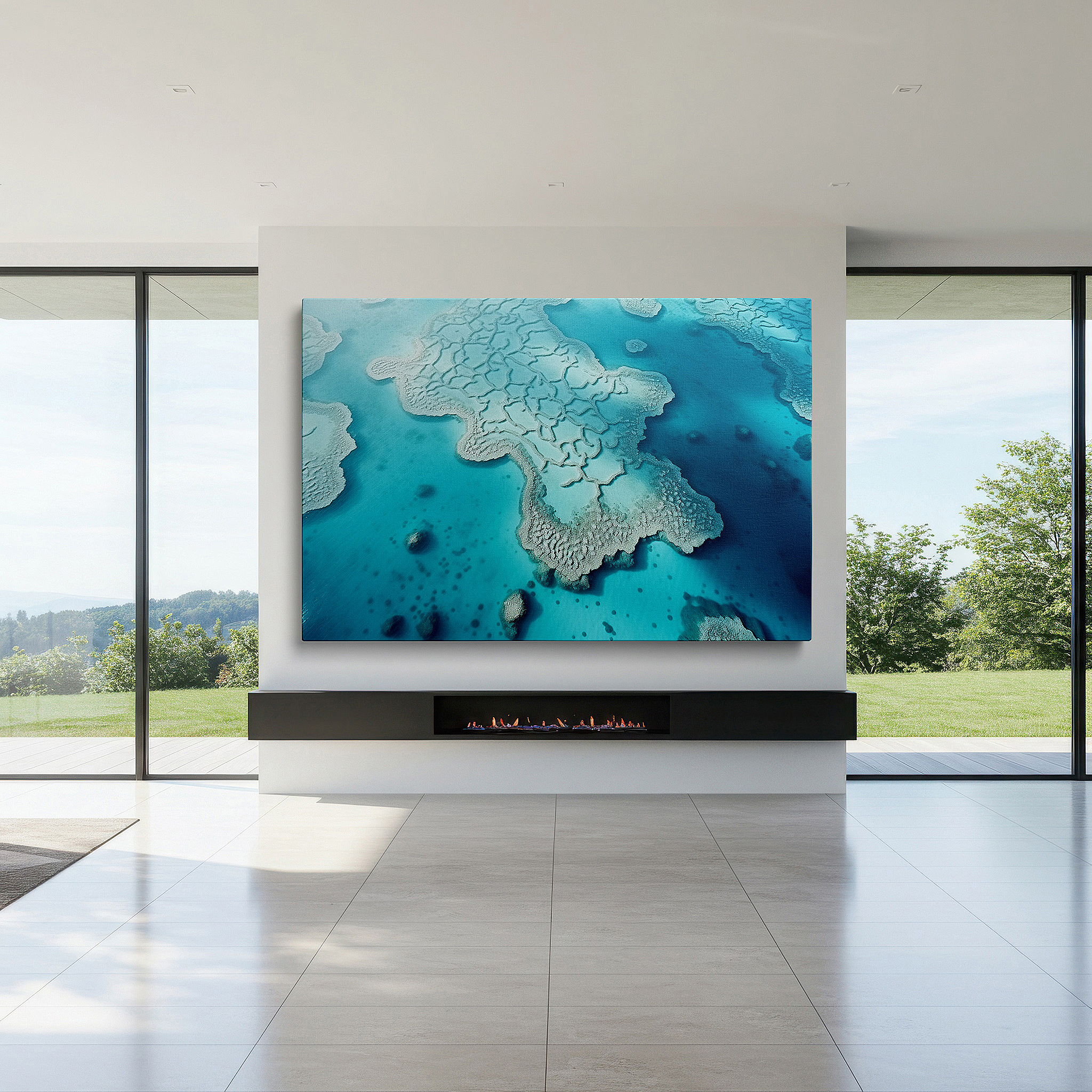 Bathed in morning sunlight streaming through sheer curtains — turquoise waters aerial coral reef symphony: celebrating marine biodiversity with large canvas wall art for office decor