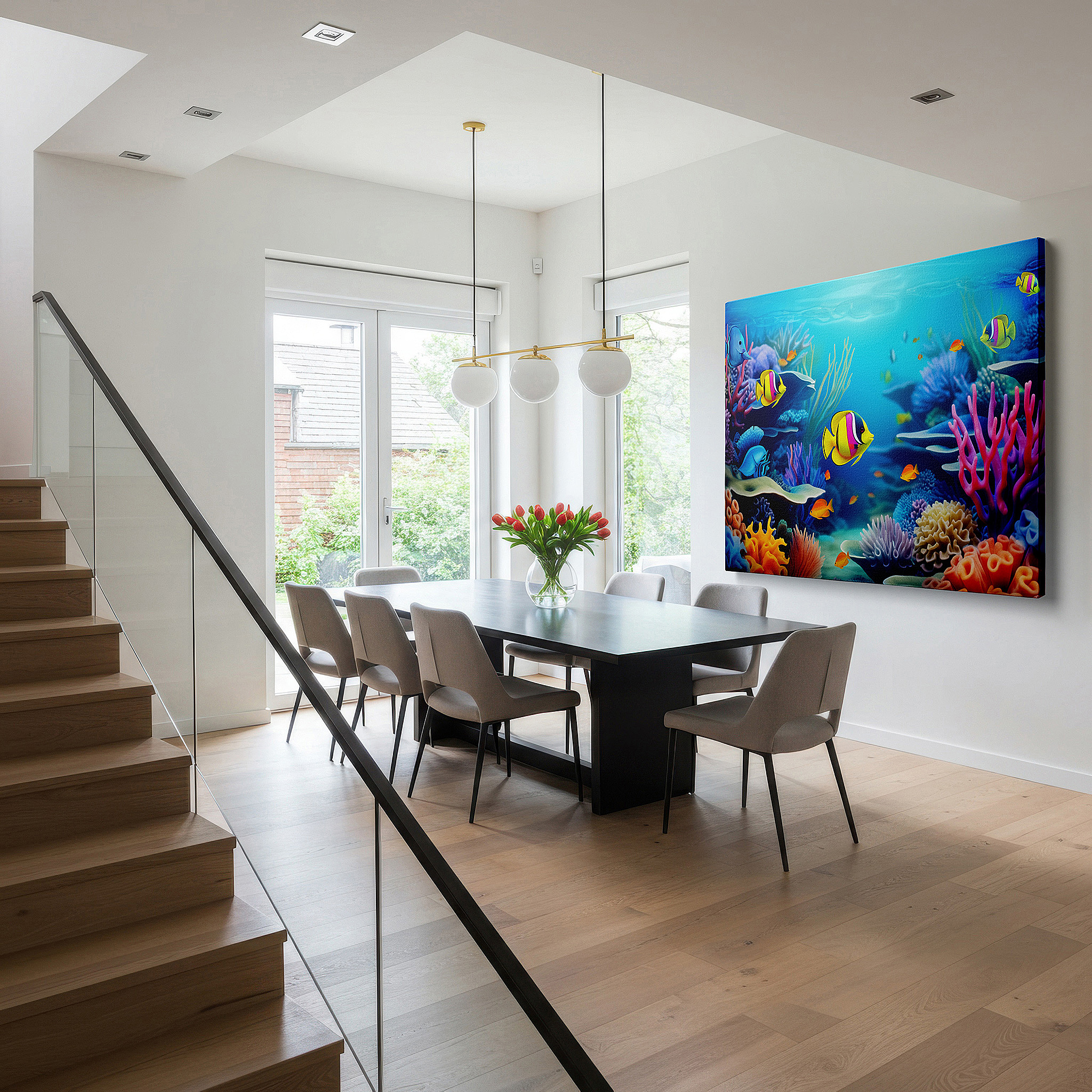 Bathed in morning sunlight streaming through sheer curtains — underwater paradise: vibrant coral reef and tropical fish large canvas wall art for home and office decor
