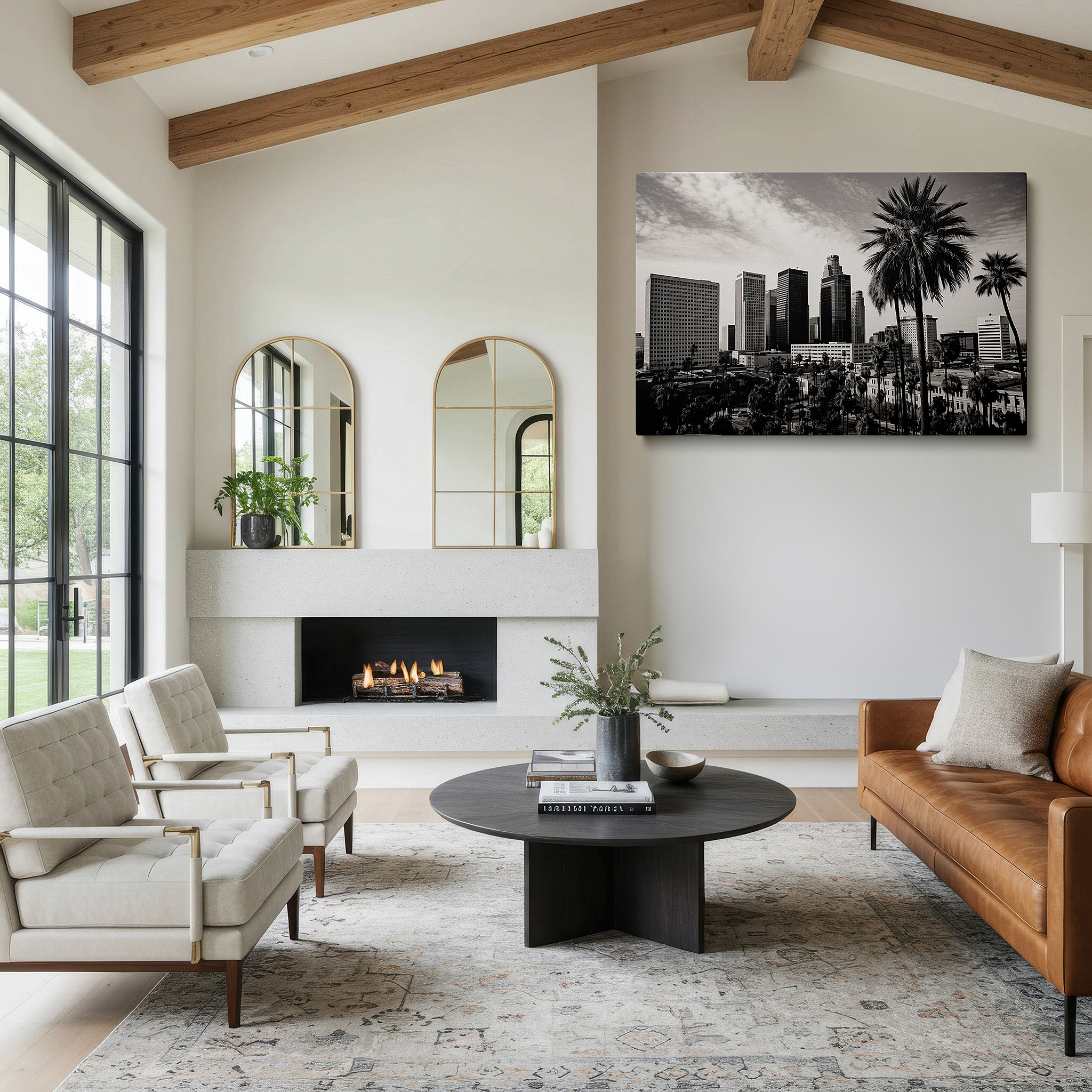 Bathed in morning sunlight streaming through sheer curtains — urban elegance in black and white: a serene fusion of nature and architecture - large wall art, canvas wall art, wall decor for offices