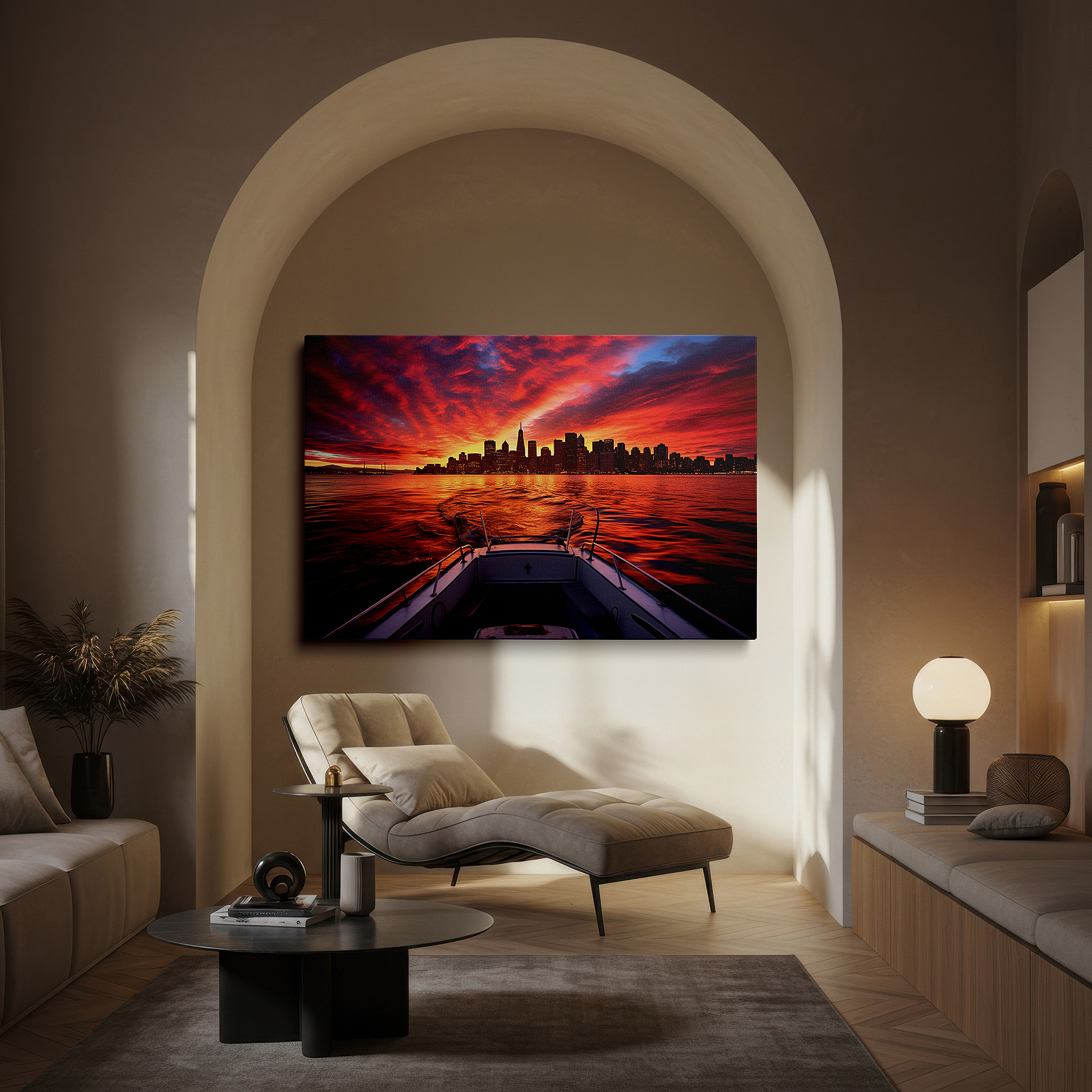 Bathed in morning sunlight streaming through sheer curtains — urban sunset and serene waters: a vivid skyline and nature's tranquil beauty - large wall art, canvas wall art, wall decor for office and bedroom