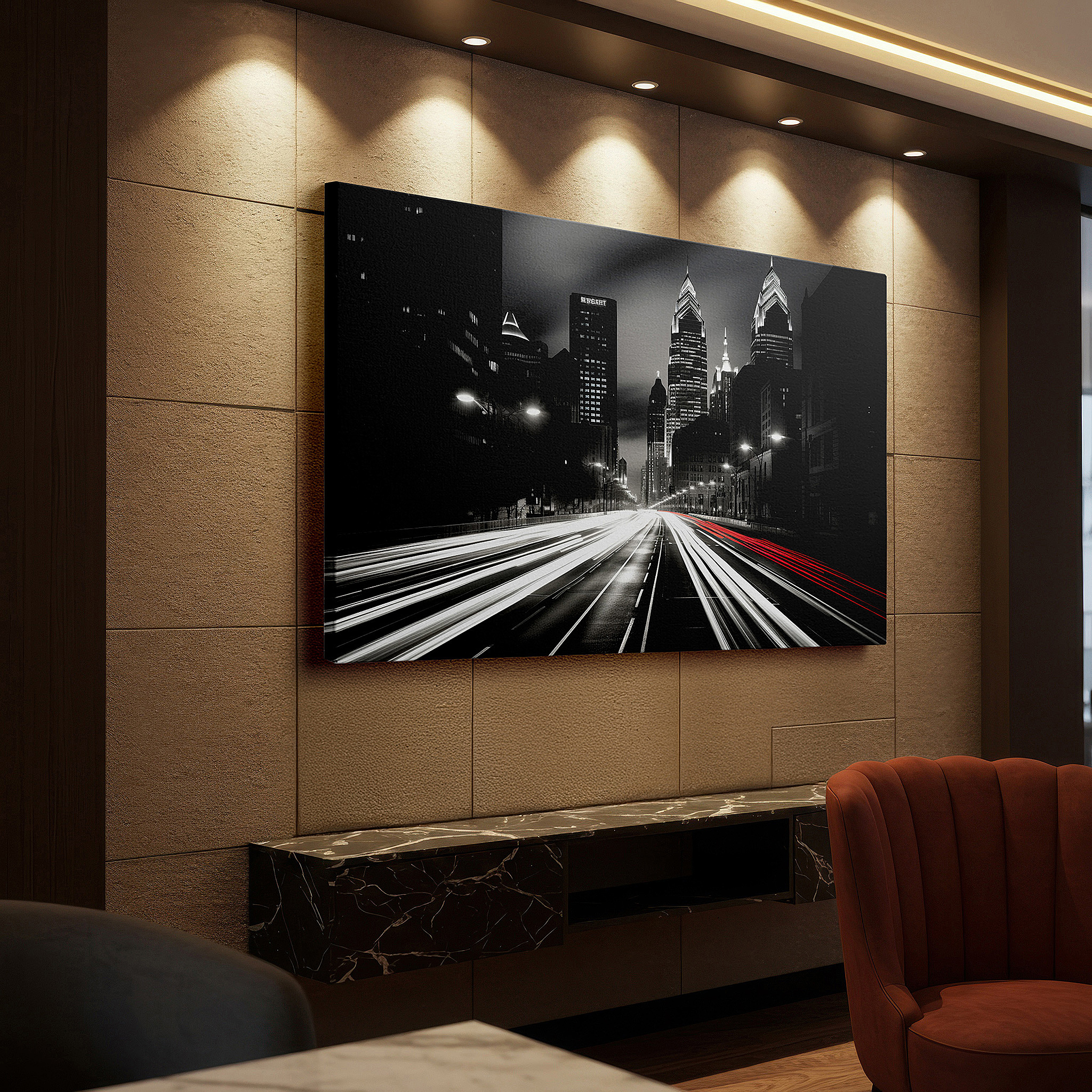 Bathed in morning sunlight streaming through sheer curtains — urban vitality wall art: dynamic black and white cityscape with light streaks and silhouetted skyscrapers - large canvas wall decor