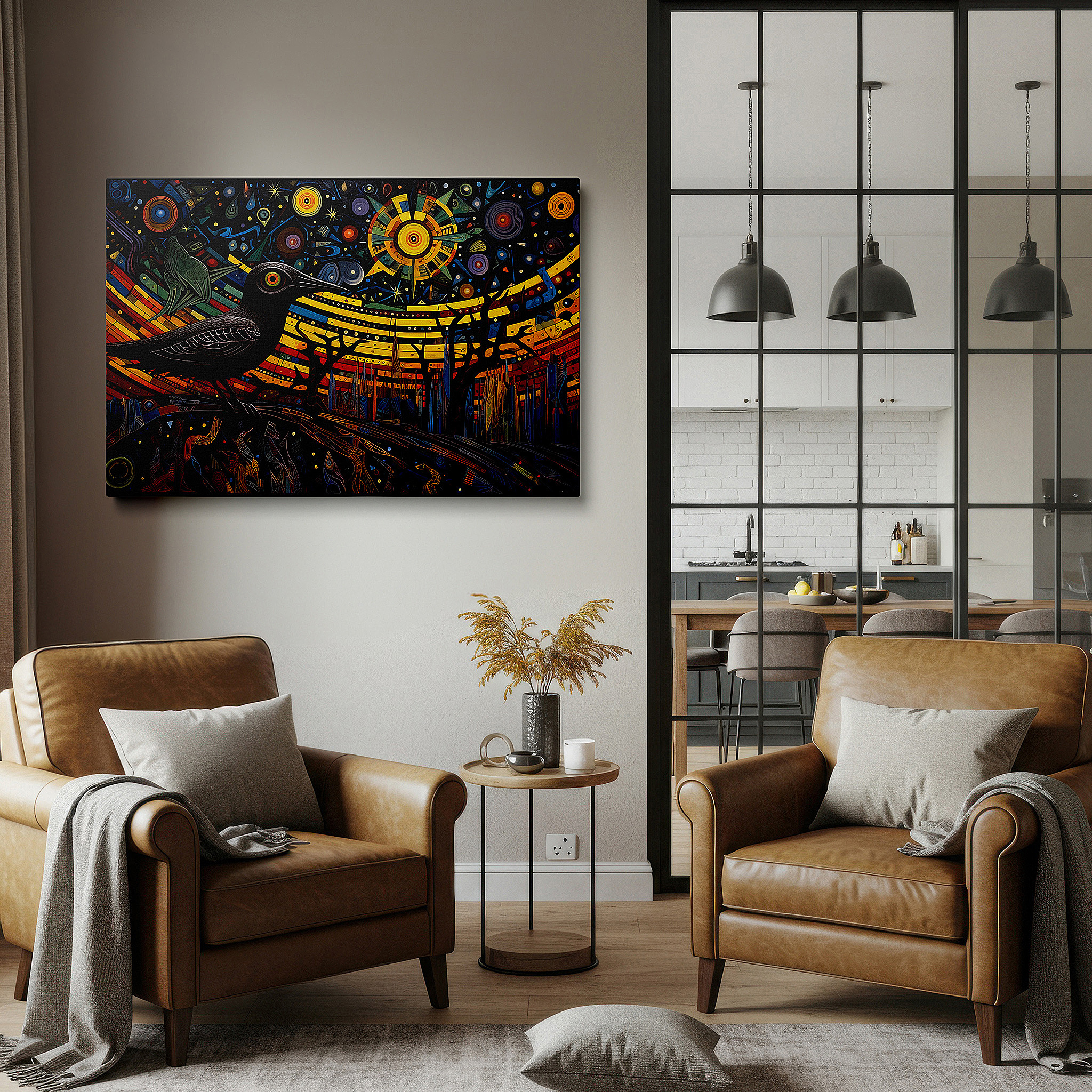 Bathed in morning sunlight streaming through sheer curtains — vibrant cosmic exploration and celestial designs large wall art, canvas wall decor for offices and bedrooms