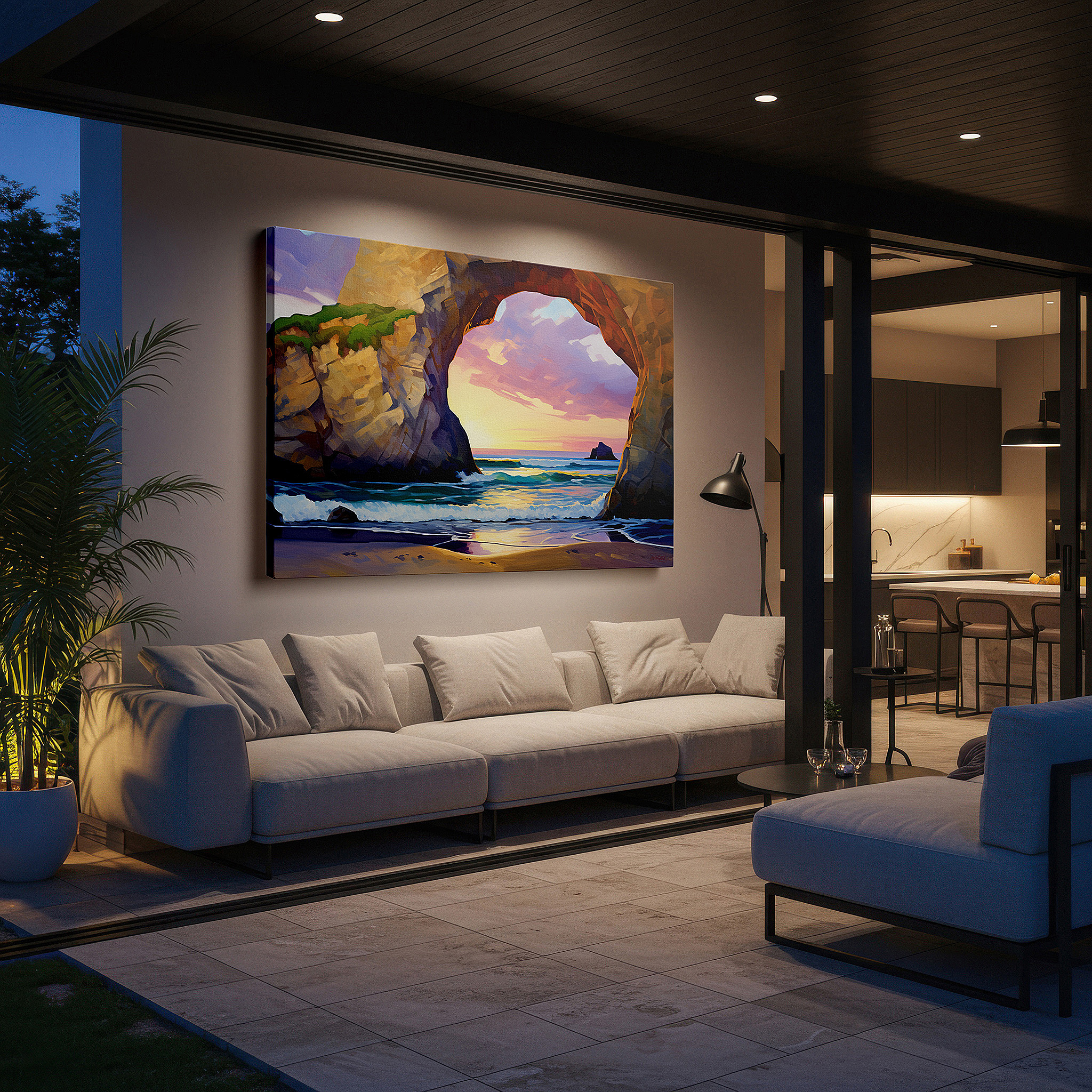 Bathed in morning sunlight streaming through sheer curtains — vibrant sunset hues over majestic coastal arch large canvas wall art for office, bedroom, and living room decor