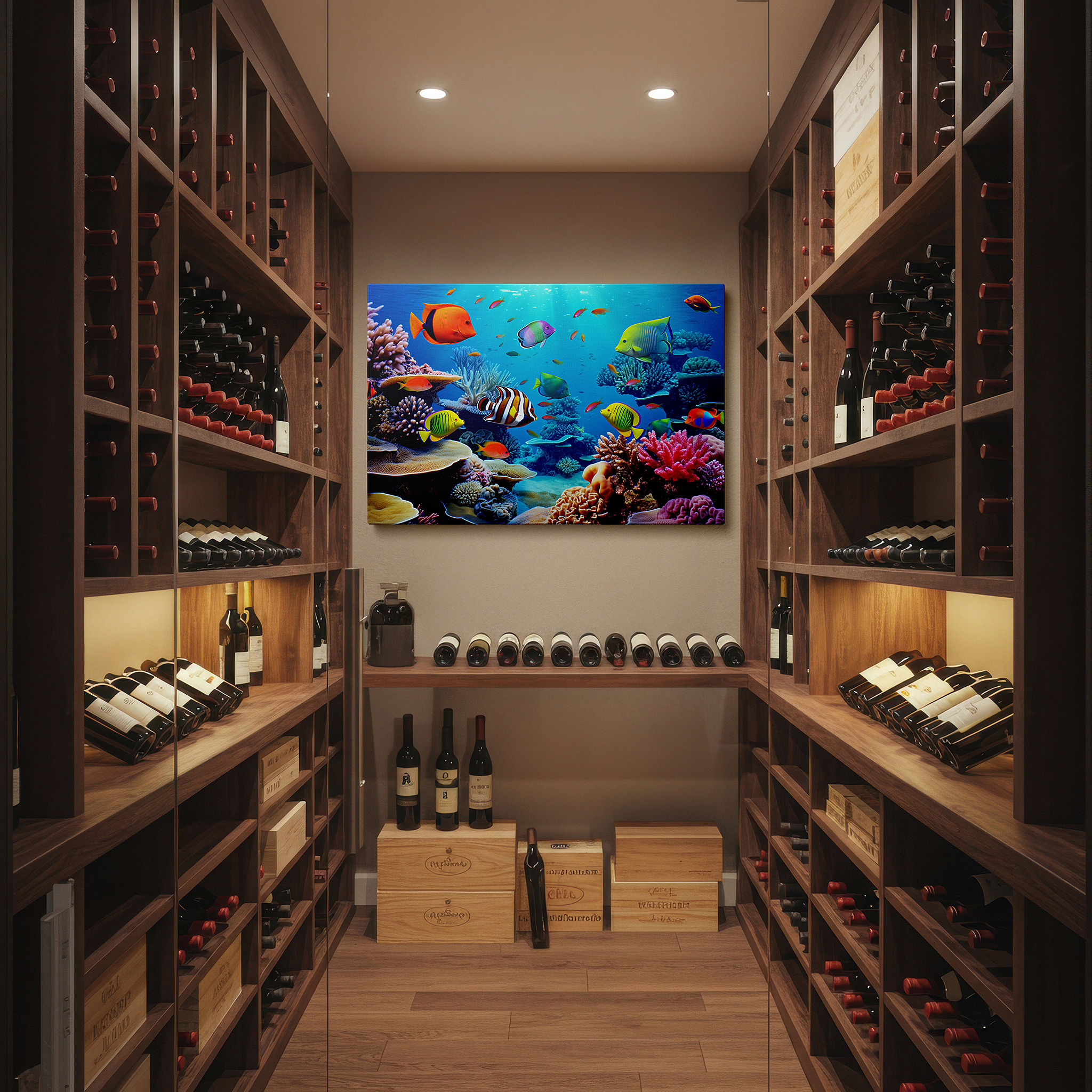 Bathed in morning sunlight streaming through sheer curtains — vibrant underwater paradise featuring coral reefs and tropical fish - large canvas wall art for office, bedroom, and living room decor