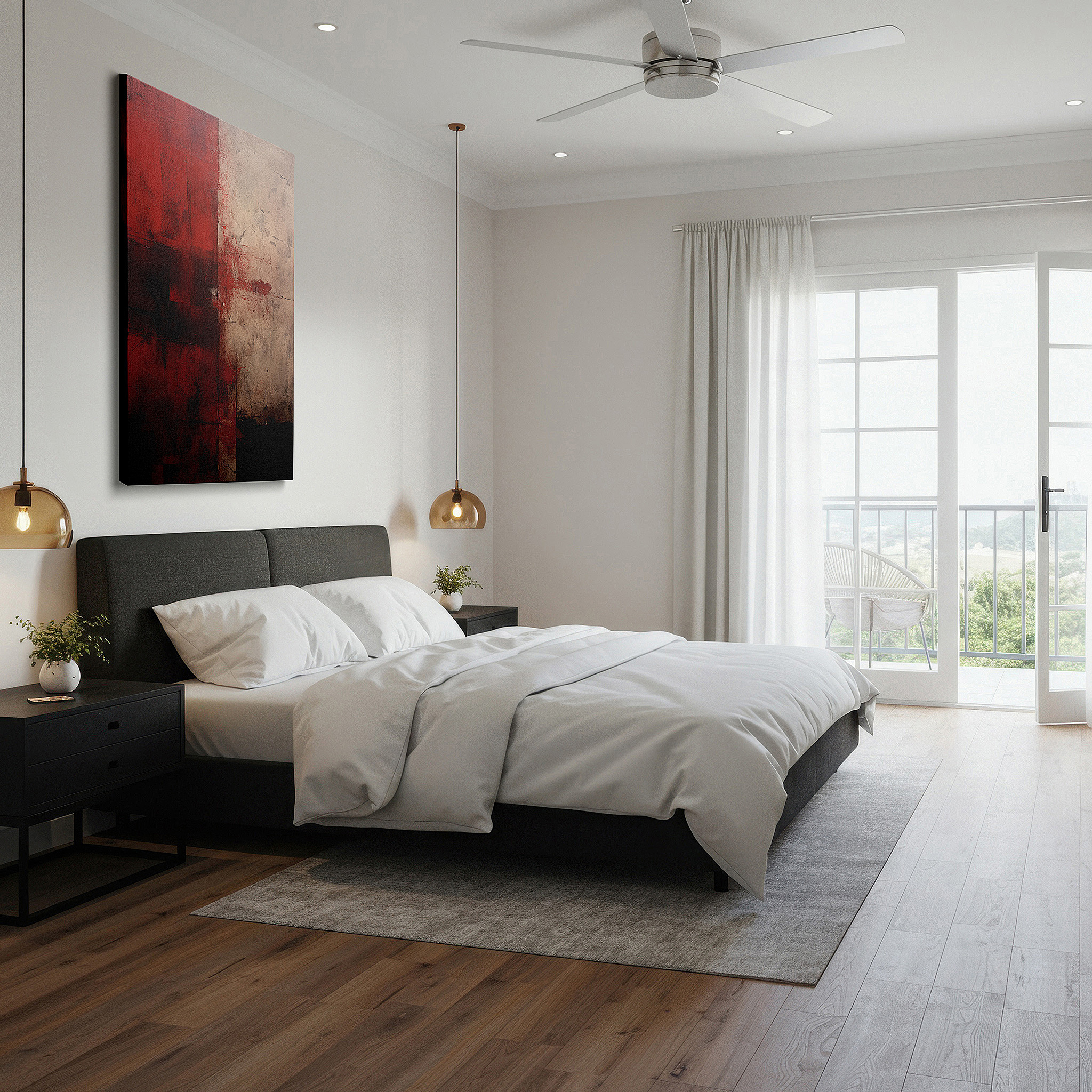 Bathed in morning sunlight streaming through sheer curtains — vivid reds and mysterious darks: emotional spectrum of conflict large wall art, canvas wall art, wall decor for office and bedroom
