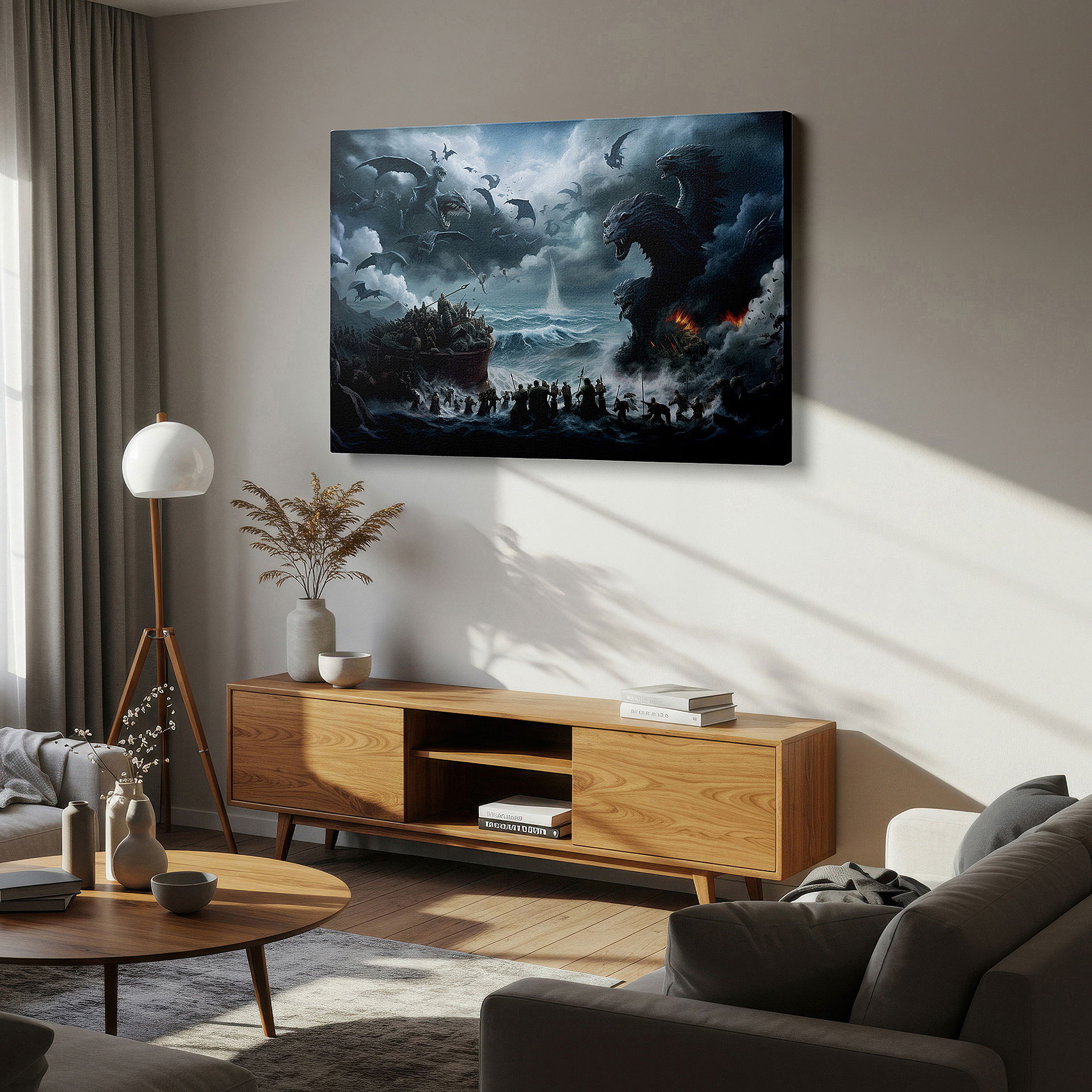 Bathed in morning sunlight streaming through sheer curtains — wall art: dramatic stormy seascape featuring mythical sea