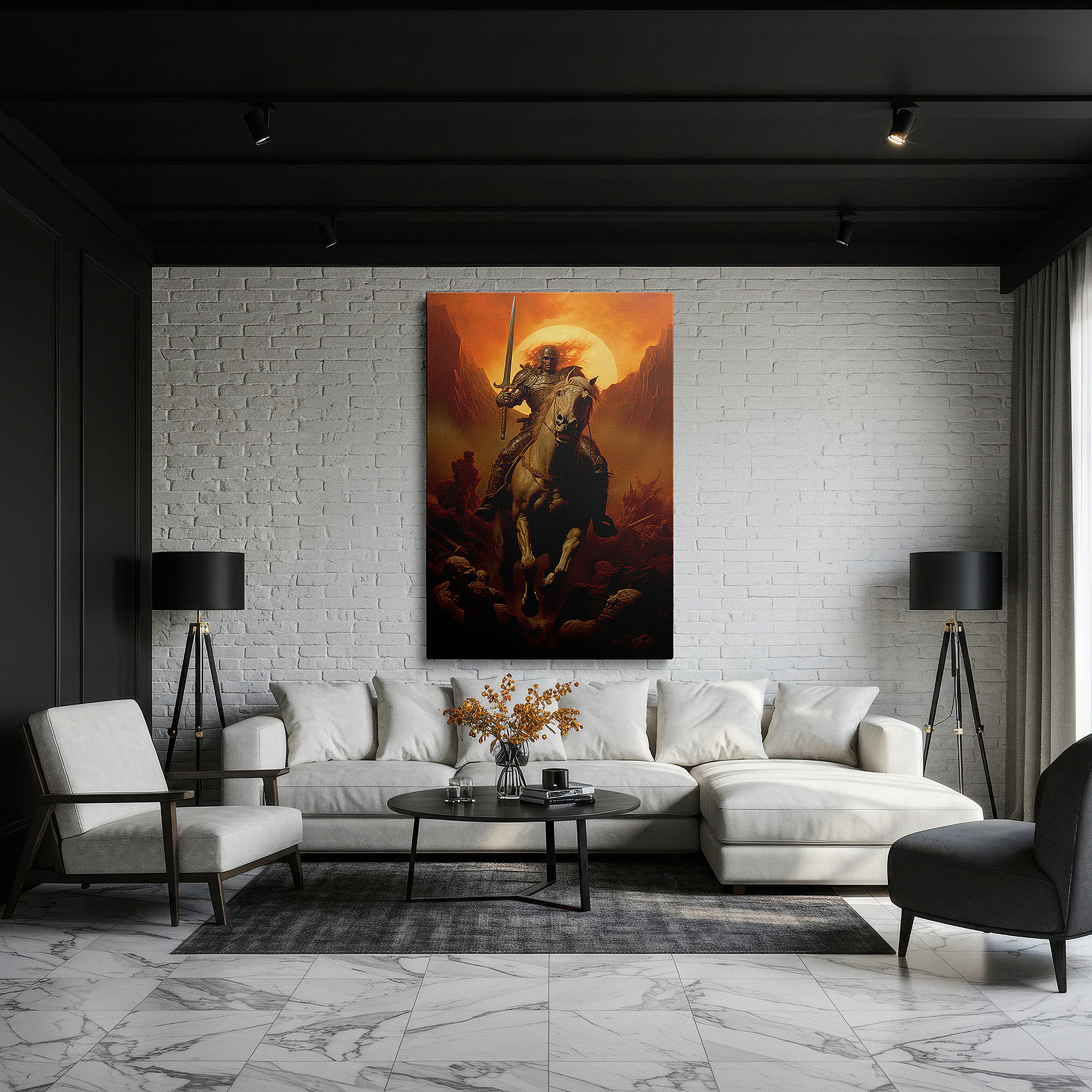 Bathed in morning sunlight streaming through sheer curtains — wall art: "heroism amidst flames - a knight's valor and battle's fury" - large canvas wall art for office and bedroom decor