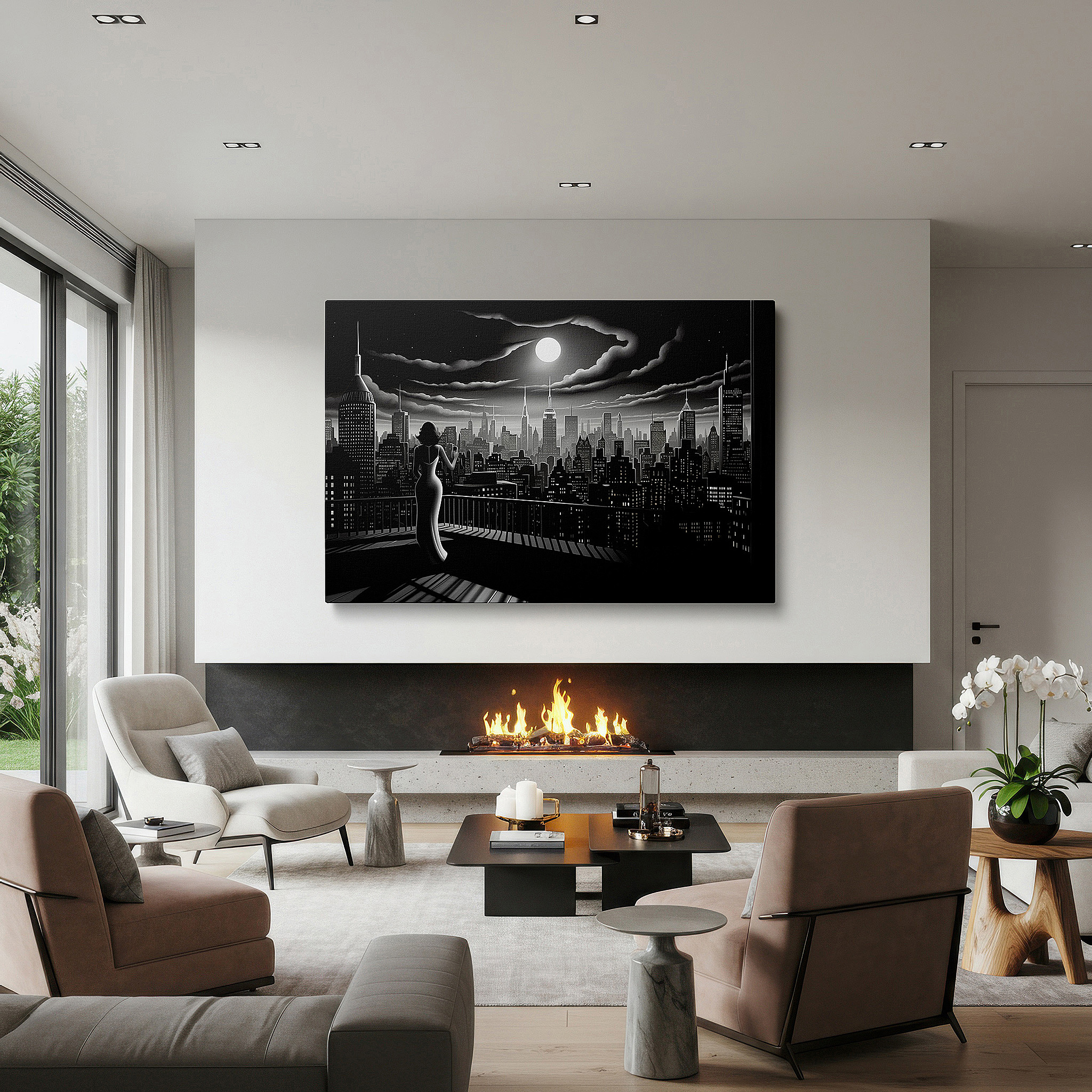 Bathed in morning sunlight streaming through sheer curtains — wall art: "human grace and urban energy under moonlit serenity" - large canvas for office, bedroom, or living room decor