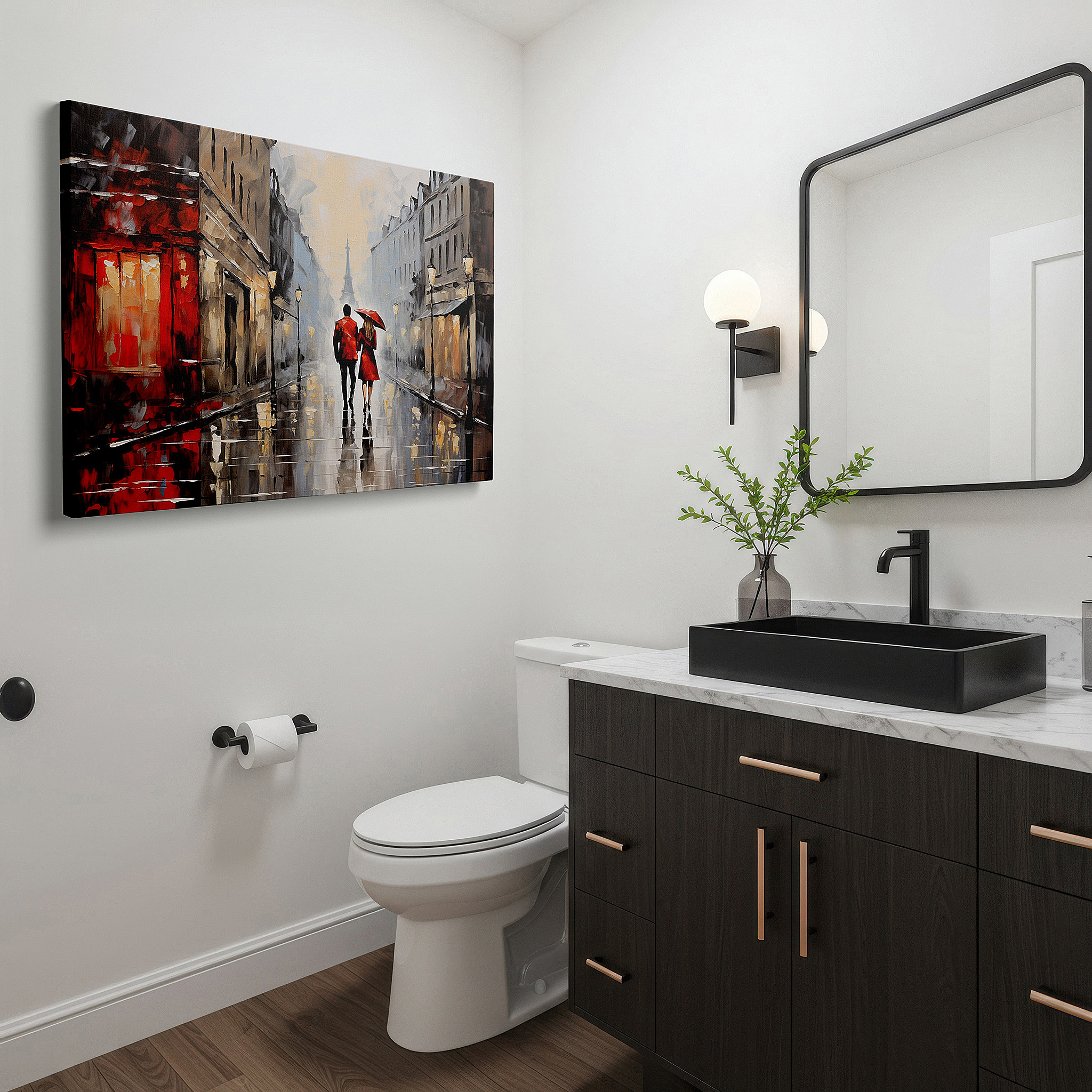 Bathed in morning sunlight streaming through sheer curtains — wall art: romantic parisian encounter beneath a red umbrella, a rain-drenched journey through love on cobblestones, large canvas wall art decor.