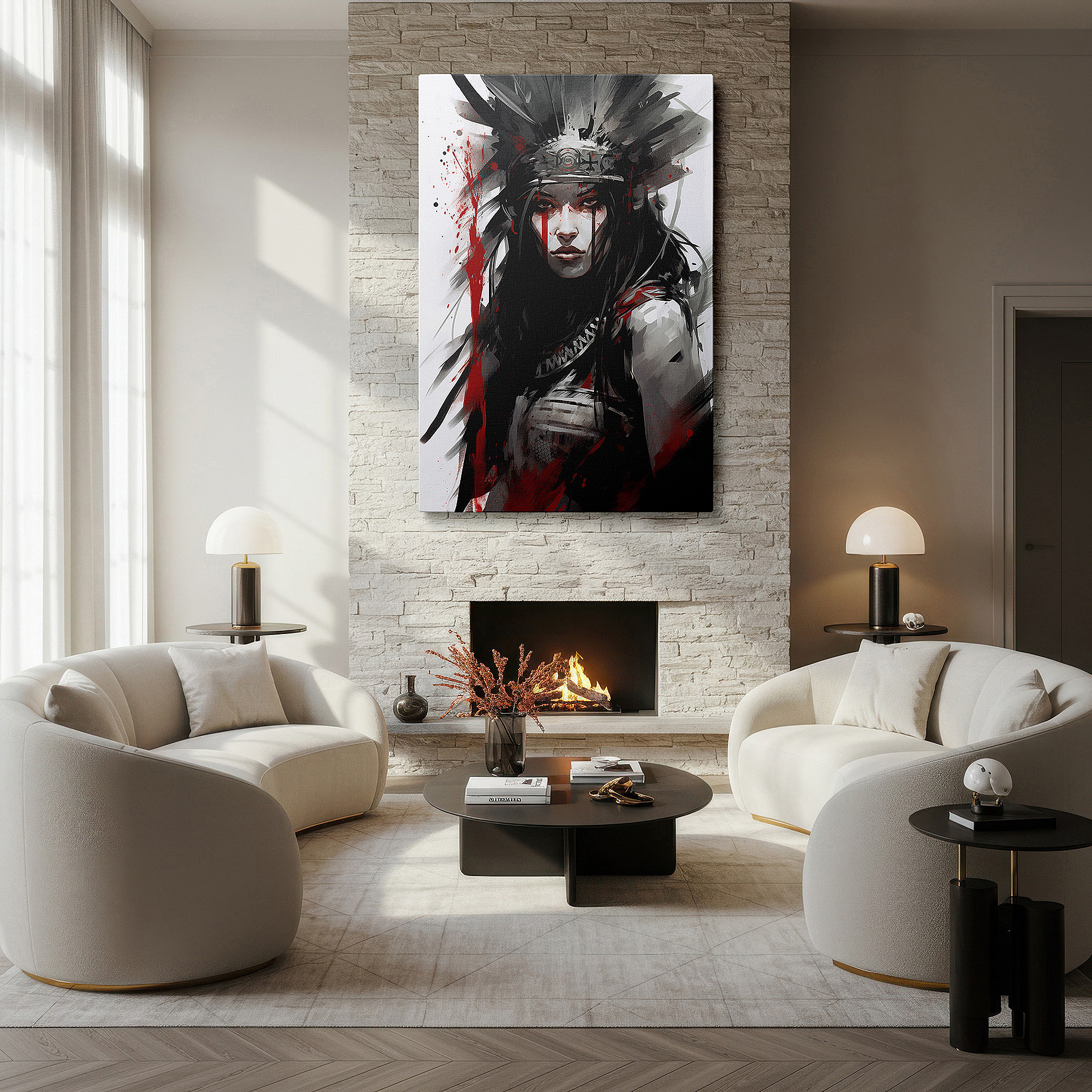 Bathed in morning sunlight streaming through sheer curtains — wall decor: bold tribal warrior woman, celebrating cultural power and legacy, large canvas art for home and office