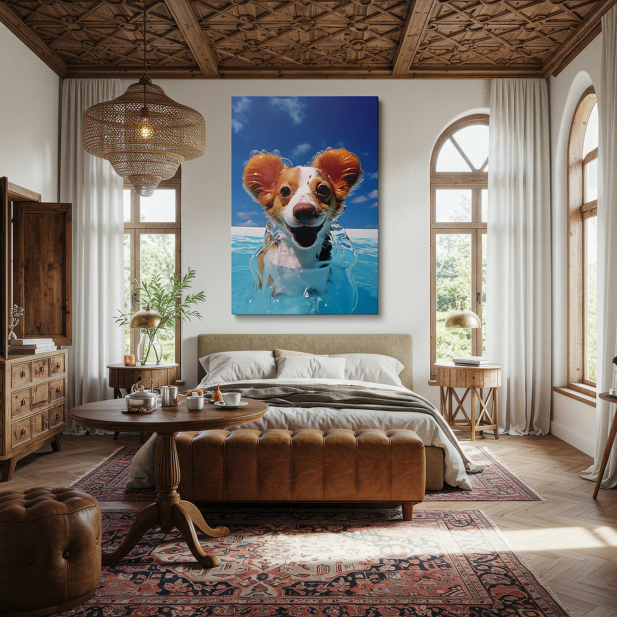 Bathed in morning sunlight streaming through sheer curtains — wall decor: joyful dog frolicking in a sunny pool - a tribute to summer fun and vibrant energy, large canvas wall art for home and office decor
