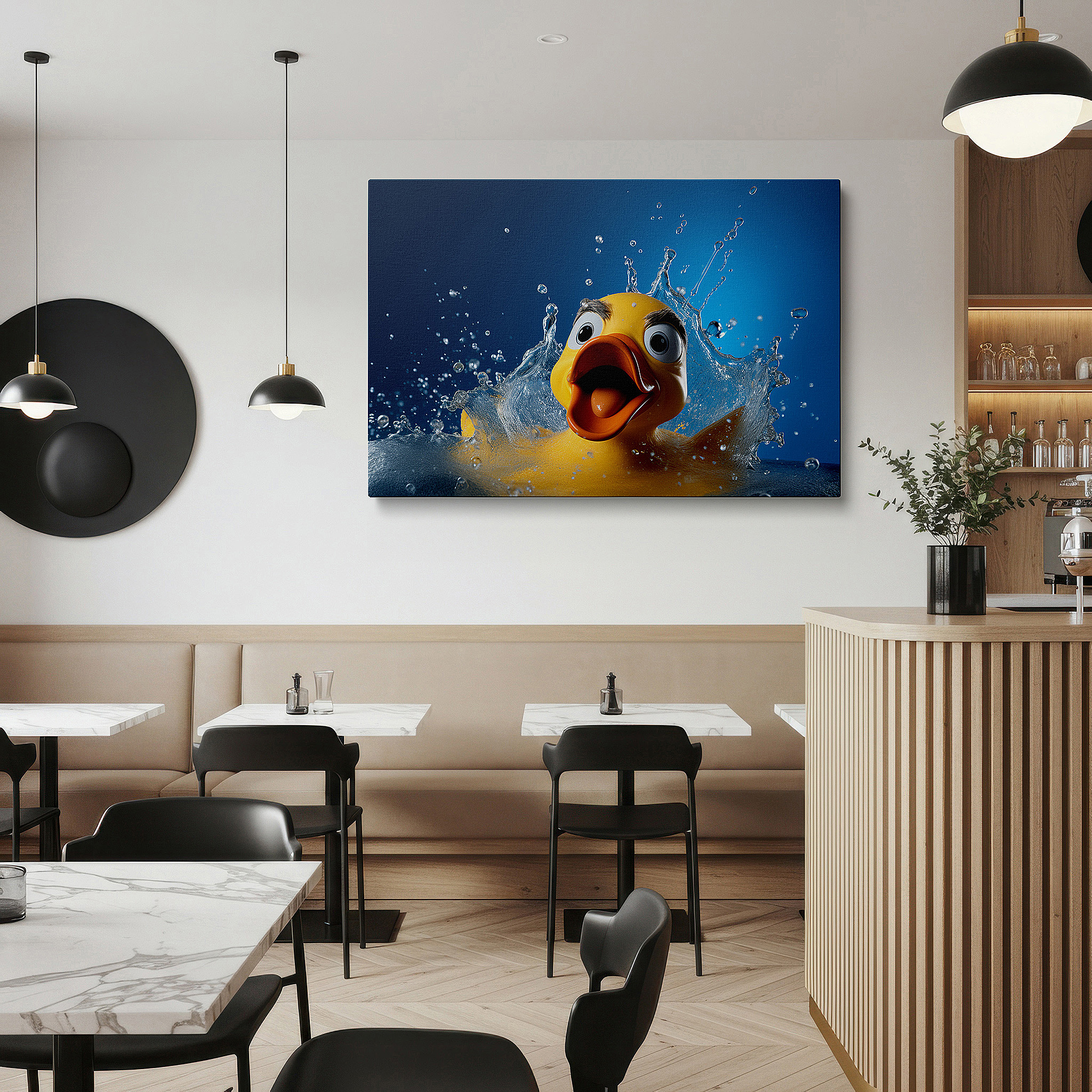 Bathed in morning sunlight streaming through sheer curtains — yellow rubber duck and water splashes wall art, large canvas decor for office, bedroom, and living room