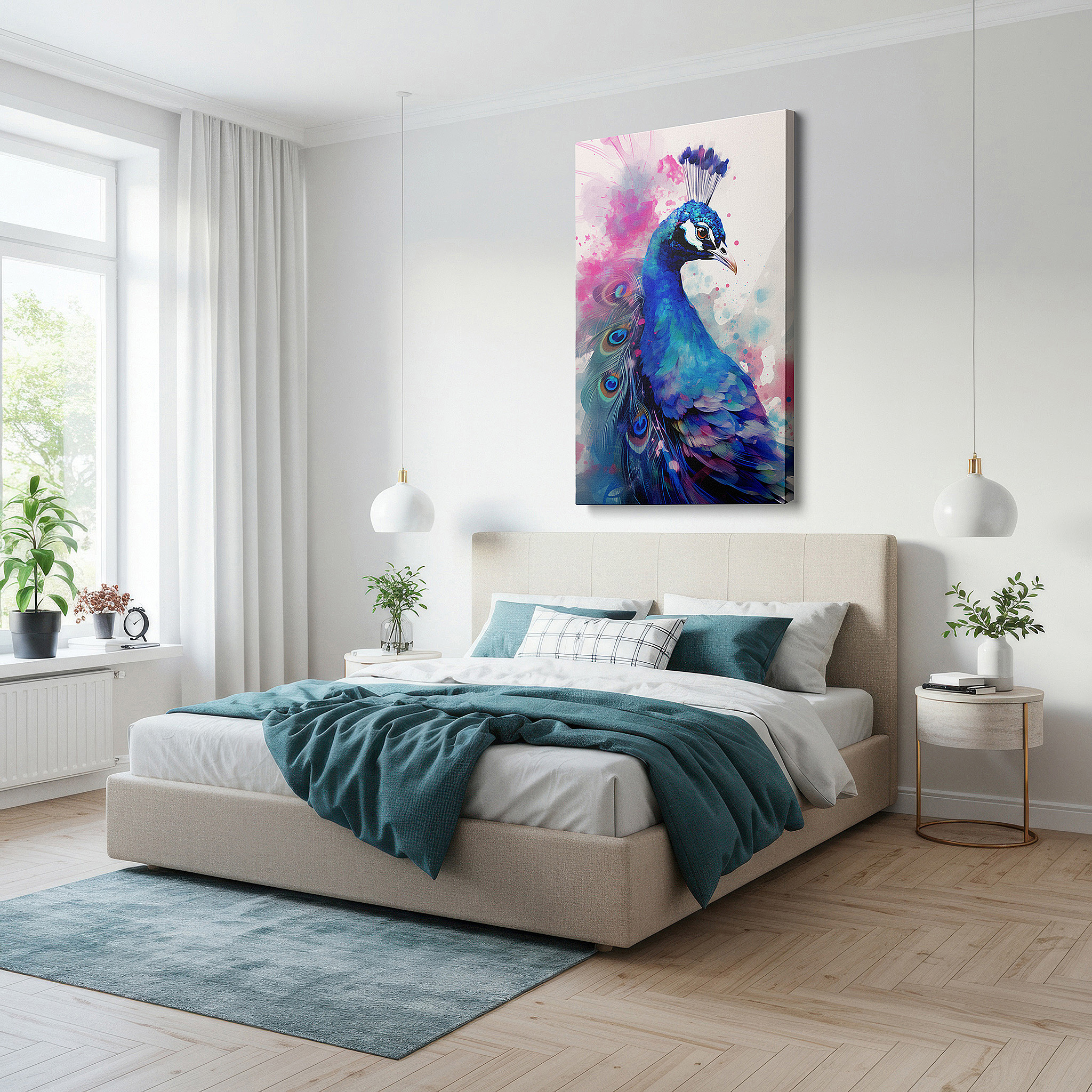 Bold and expansive at 90×60 cm — ideal for making a statement above large furniture — abstract and colorful peacock, large canvas wall art, office decor