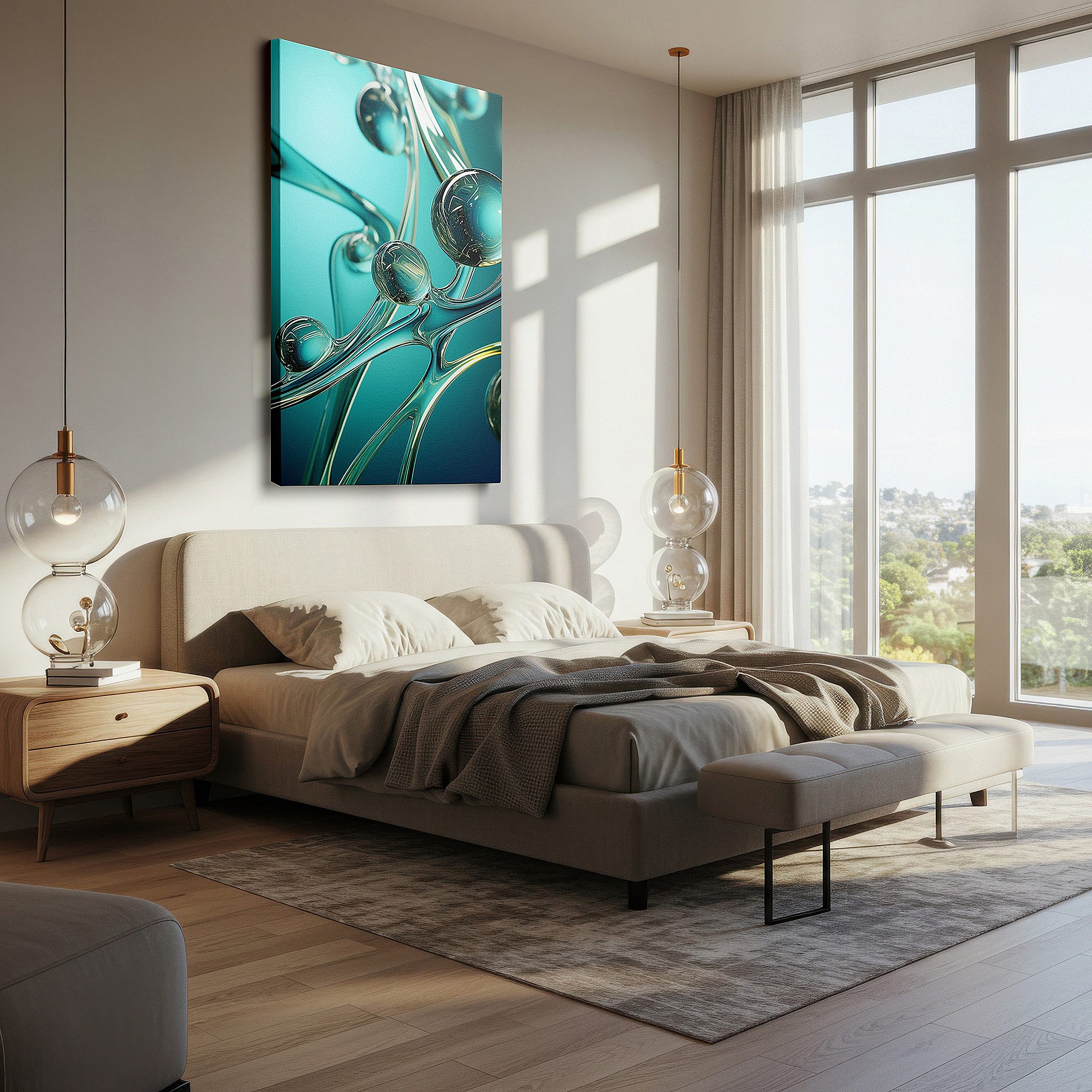 Bold and expansive at 90×60 cm — ideal for making a statement above large furniture — abstract dance of molecular bonds in luminous spheres and flowing lines: large canvas wall art for office decor