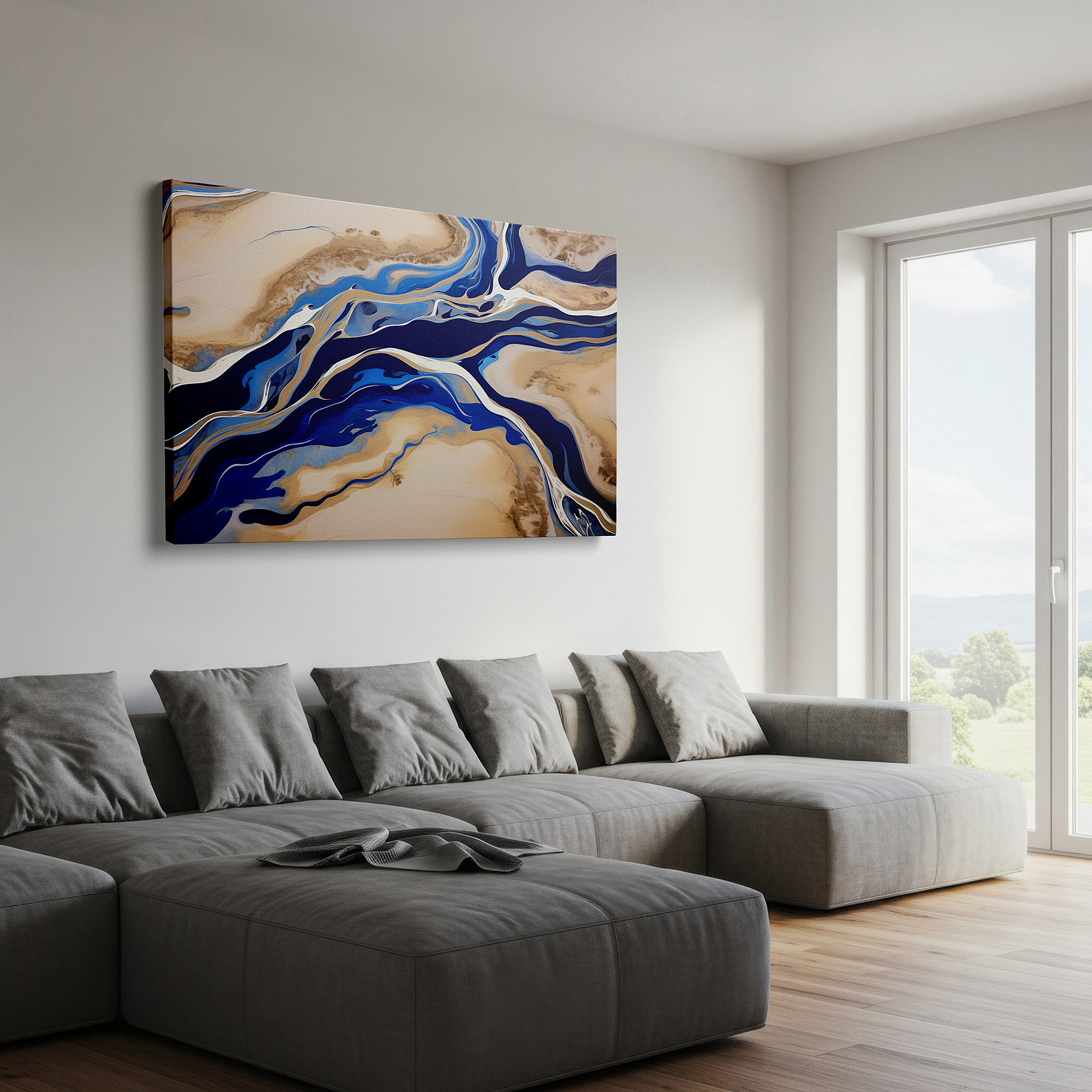 Bold and expansive at 90×60 cm — ideal for making a statement above large furniture — abstract enchanting waterways wall art in vivid blues and earthy tones, large canvas for office, bedroom, and living room decor