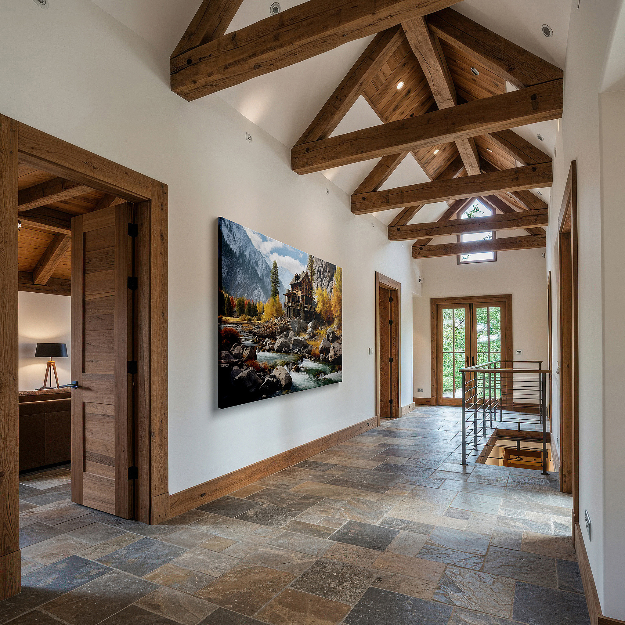 Bold and expansive at 90×60 cm — ideal for making a statement above large furniture — autumn-themed rustic cabin retreat large wall art for office, bedroom, and living room decor