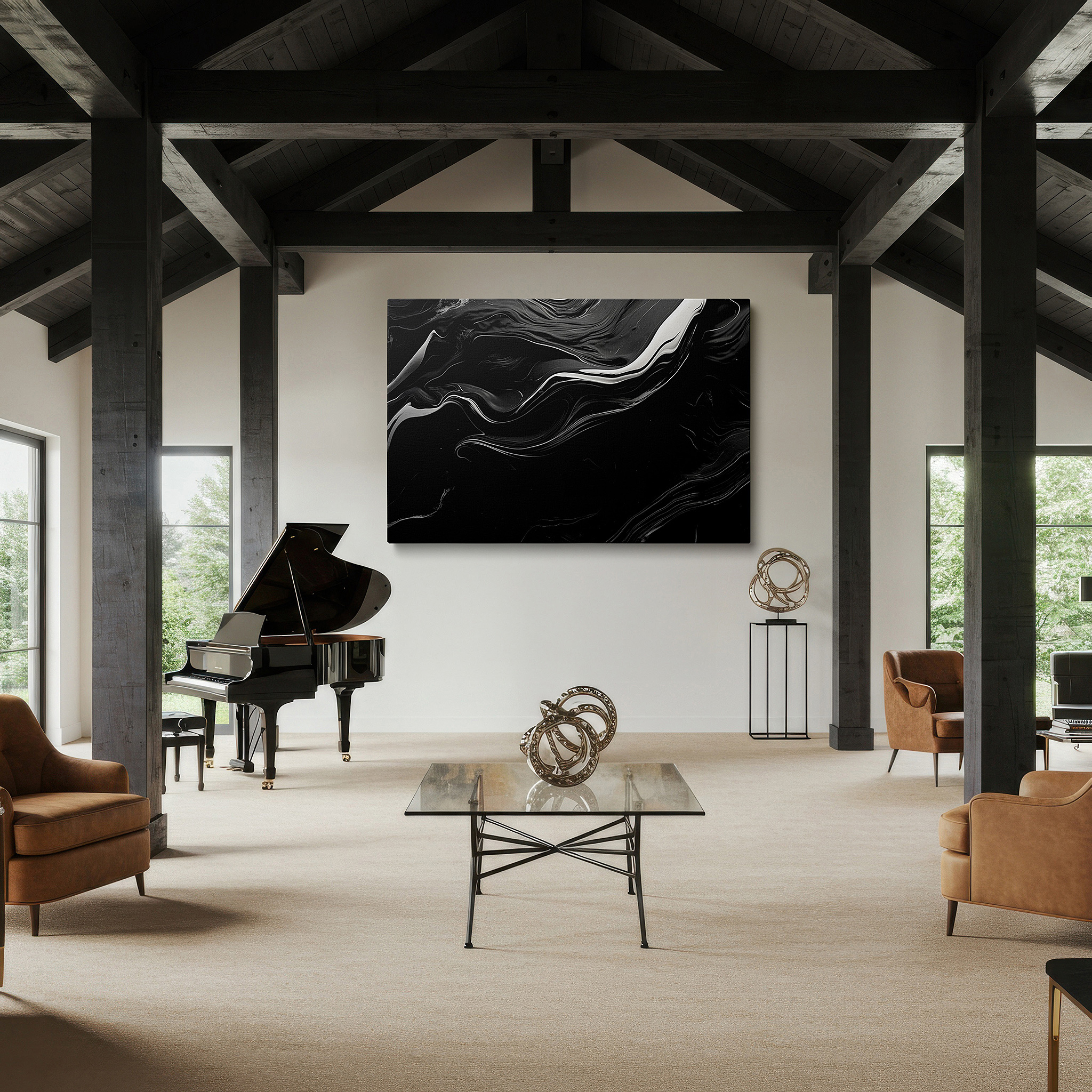 Bold and expansive at 90×60 cm — ideal for making a statement above large furniture — black and white abstract wall art featuring dynamic swirls and fluid shapes, large canvas for office, bedroom, and living room decor