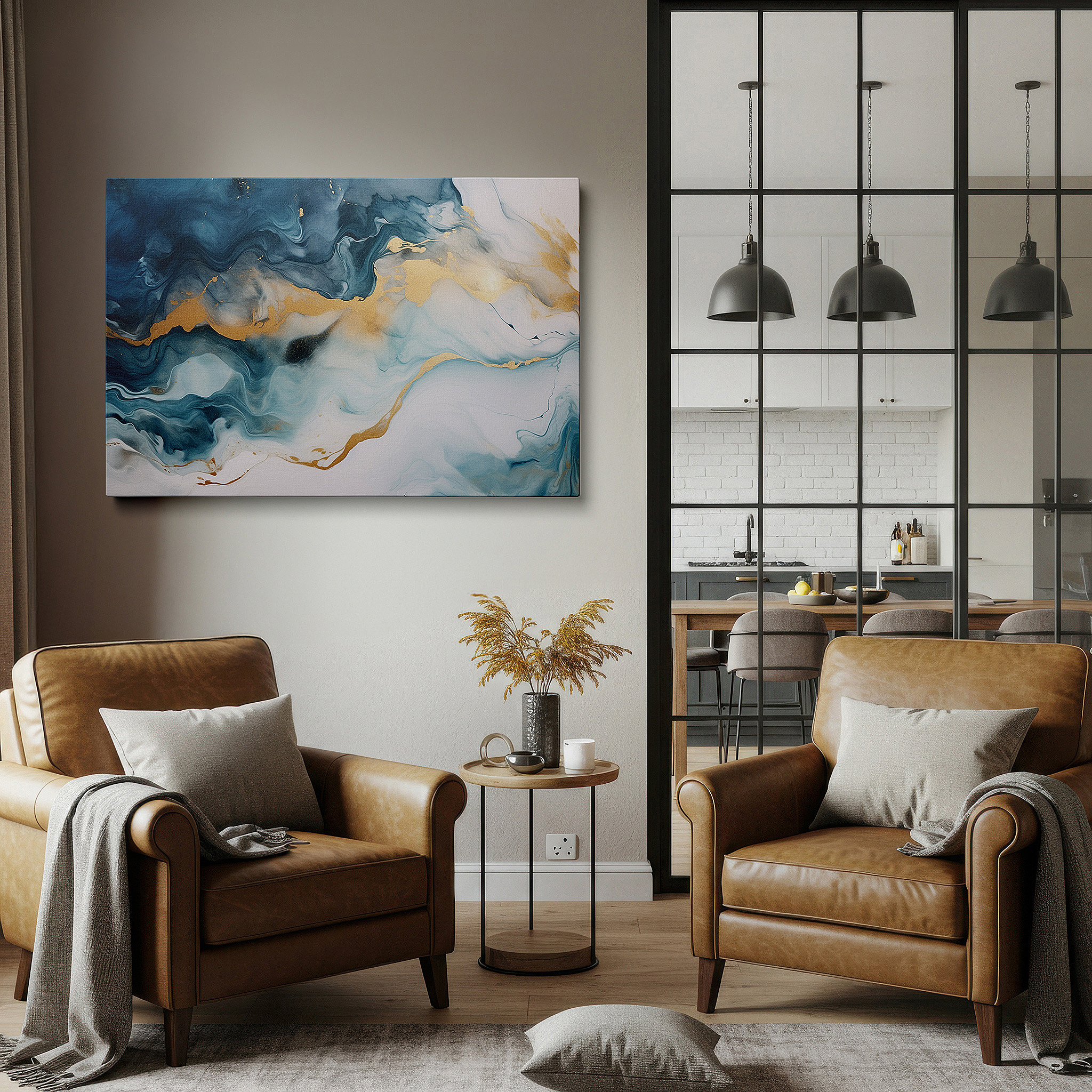 Bold and expansive at 90×60 cm — ideal for making a statement above large furniture — blue and gold fluid waves, embodying the serene beauty and depth of the ocean - large canvas wall art for home and office decor
